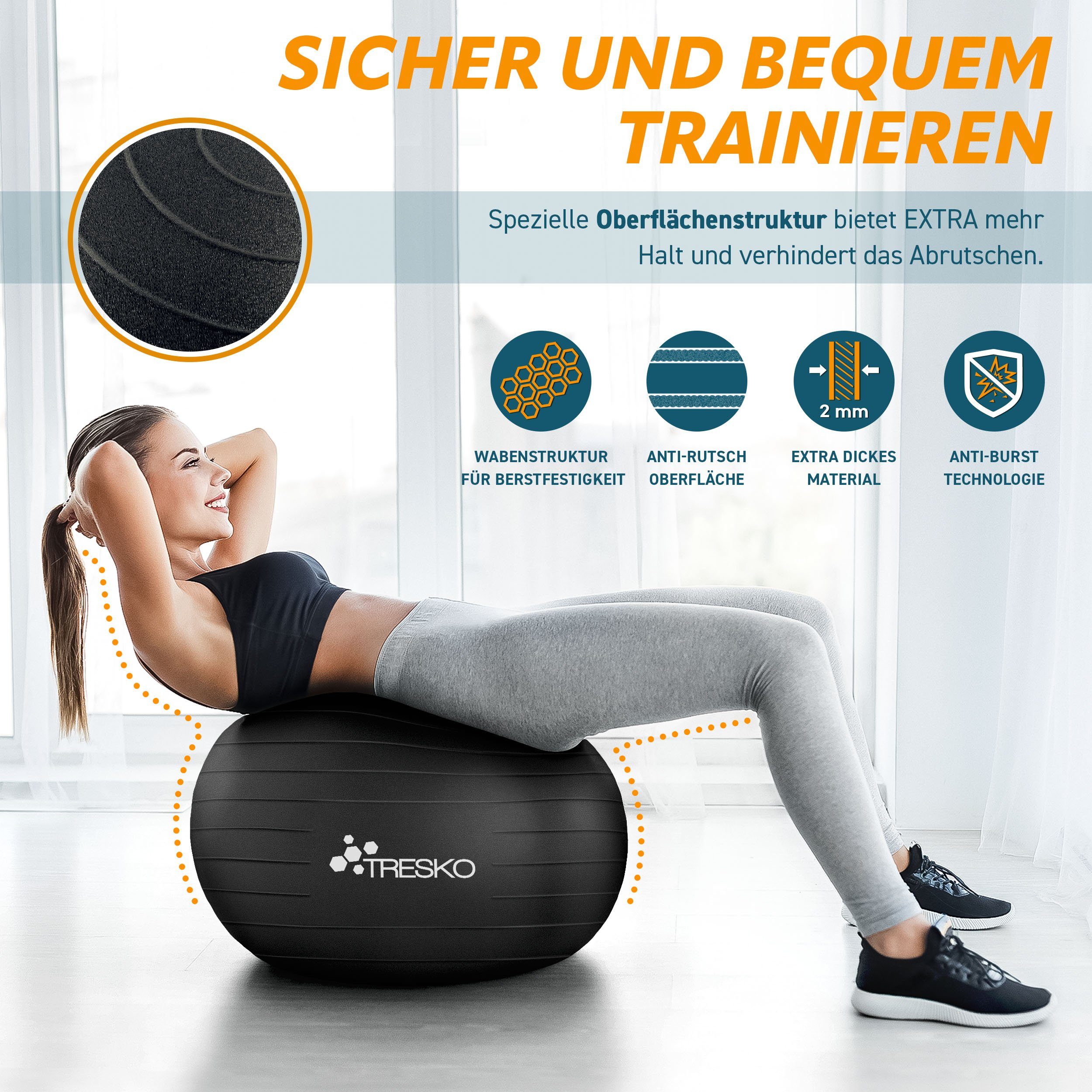 TRESKO Gymnastikball mit GRATIS Übungsposter inkl. Luftpumpe Yogaball, BPA-Frei Sitzball Büro Anti-Burst inkl. Luftpumpe, Fitnessball
