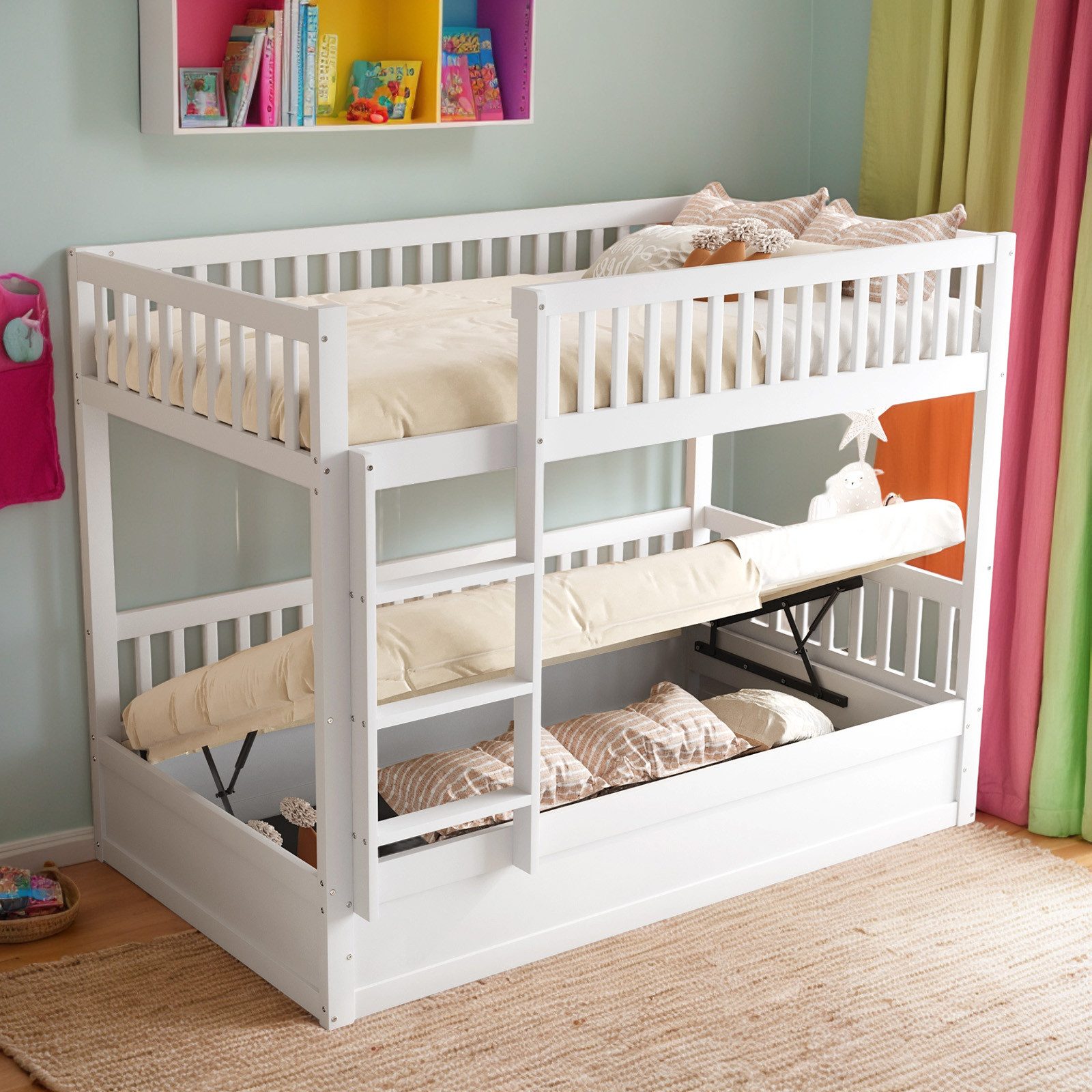 OKWISH Etagenbett Kinderbett Holzbett (mit hydraulischem Stauraum – Platzsparendes Doppelstockbett für Geschwister & kleine Zimmer, 90x200 cm), ohne Matratze