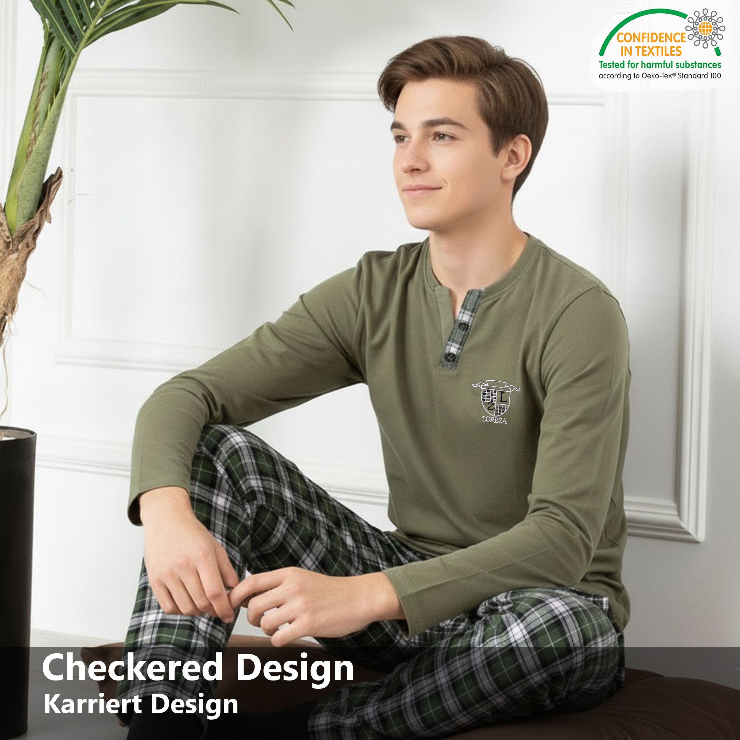 LOREZA Pyjama Jungen Schlafanzug zweiteilig Langarm - Kariert - Grün (Set, 2 tlg) – Bild 5 von 5