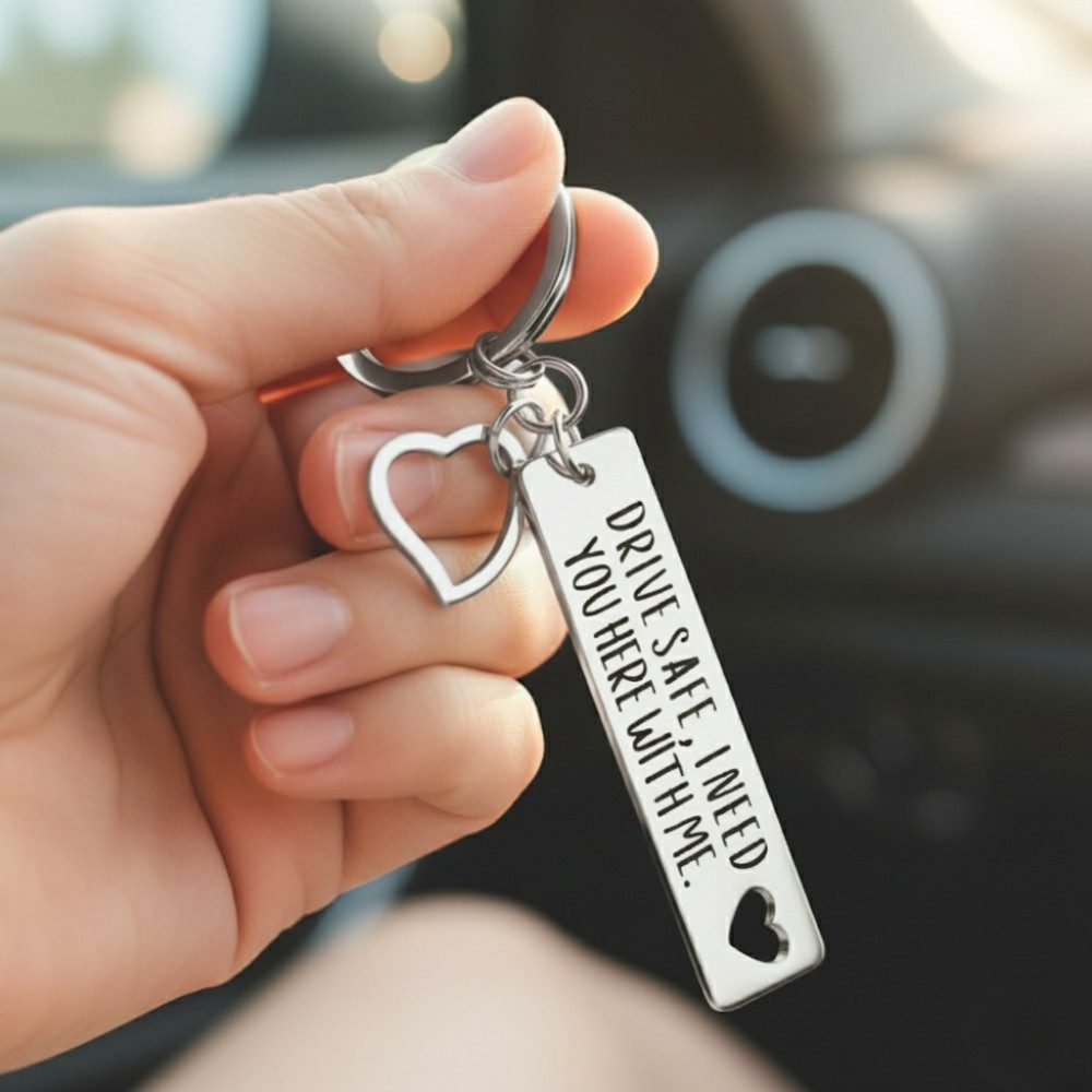 Geschenkehöhle Schlüsselanhänger mit Gravur Drive safe, I need you here with me - Glücksbringer Fahr vorsichtig, mit Herz als Glücksbringer und Schutzengel für  – Bild 4 von 5