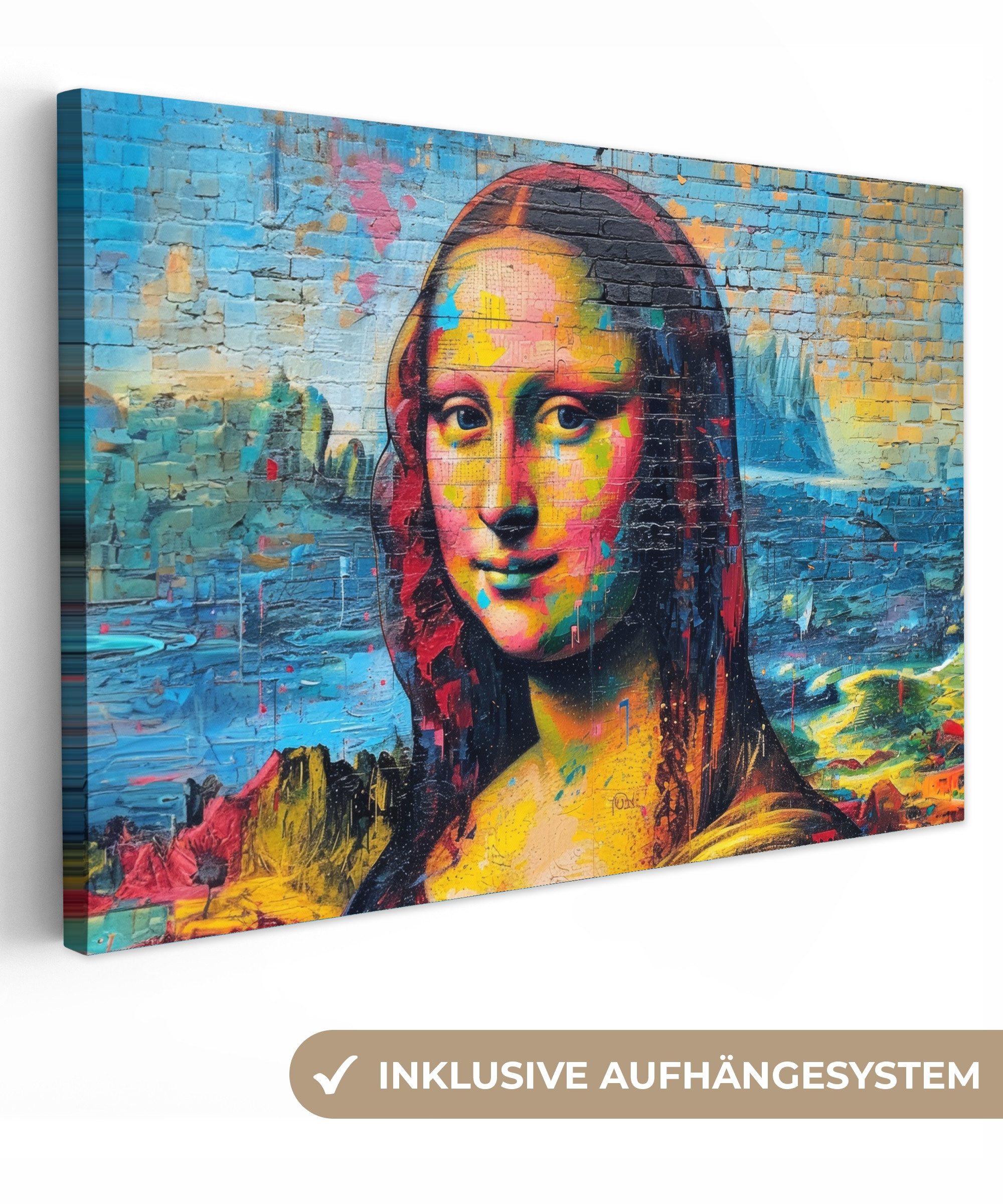 OneMillionCanvasses® Leinwandbild Graffiti - Mona Lisa - Straßenkunst - Da Vinci - Alte Meister, Fotodruck (1 St), Leinwand Bilder Klein, Wand Dekoration Aesthetic 30x20 cm