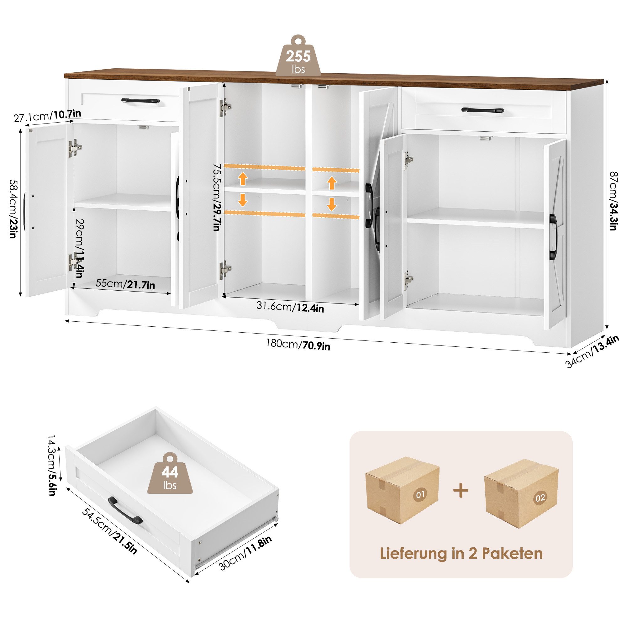 HOMECHO Sideboard, 180 cm breit Küchenschrank mit Arbeitsplatte, 6 Türen und 2 Schubladen