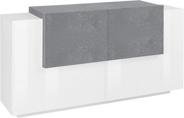 möbelando Sideboard Catania, Modernes Sideboard aus Spanplatte in Weiß-Hochglanz / Schiefer matt mit 4 Holztüren, 2 Einlegeböden. Breite 160 cm, Höhe 86 cm, Tiefe 45 cm