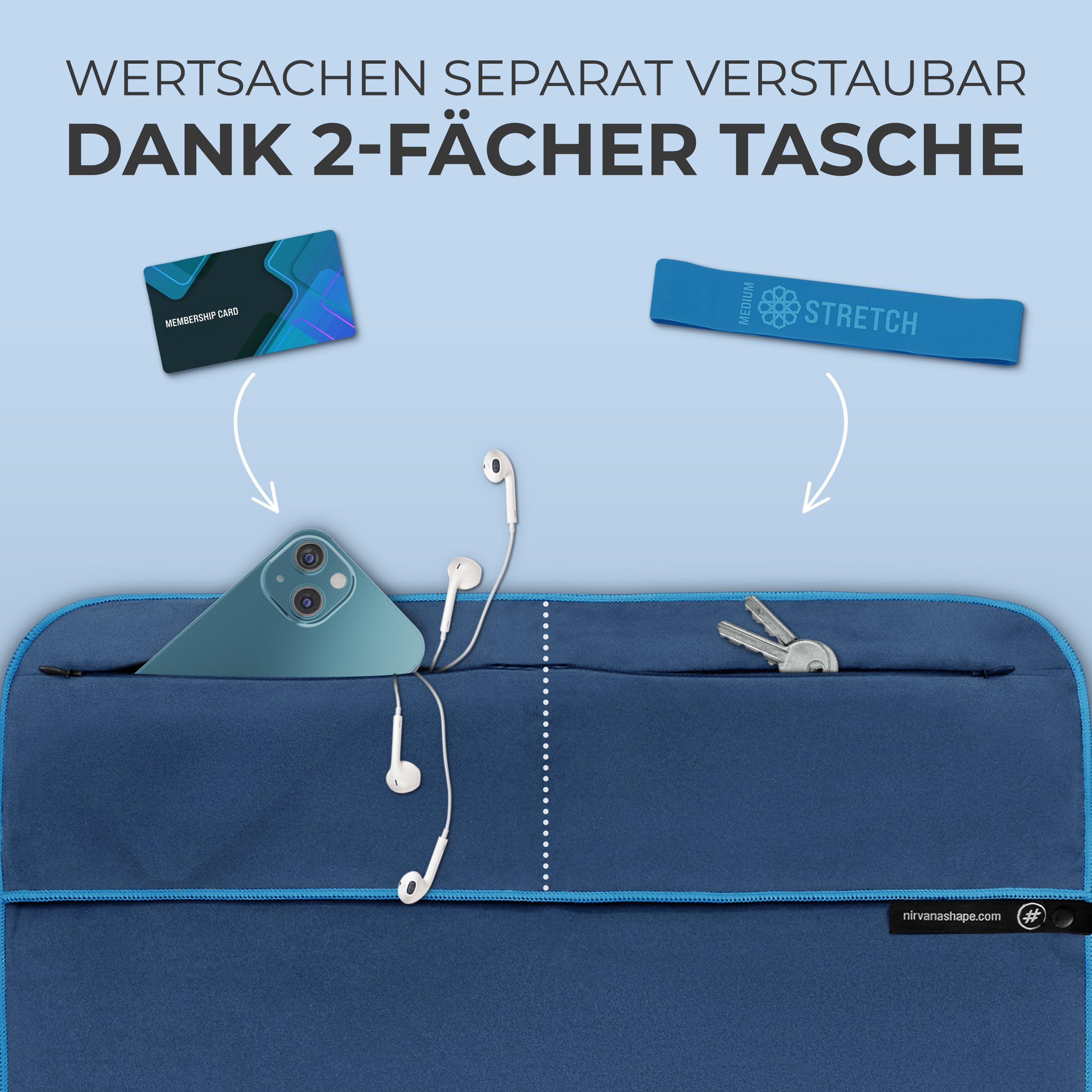 NirvanaShape Sporthandtuch Fitness-Handtuch mit Magnet-Clip, Mikrofaser Sporthandtuch, Microfaser, 2x Reißverschlusstaschen & Funktionaler Geräteüberzug, Ultra-Saugfähig