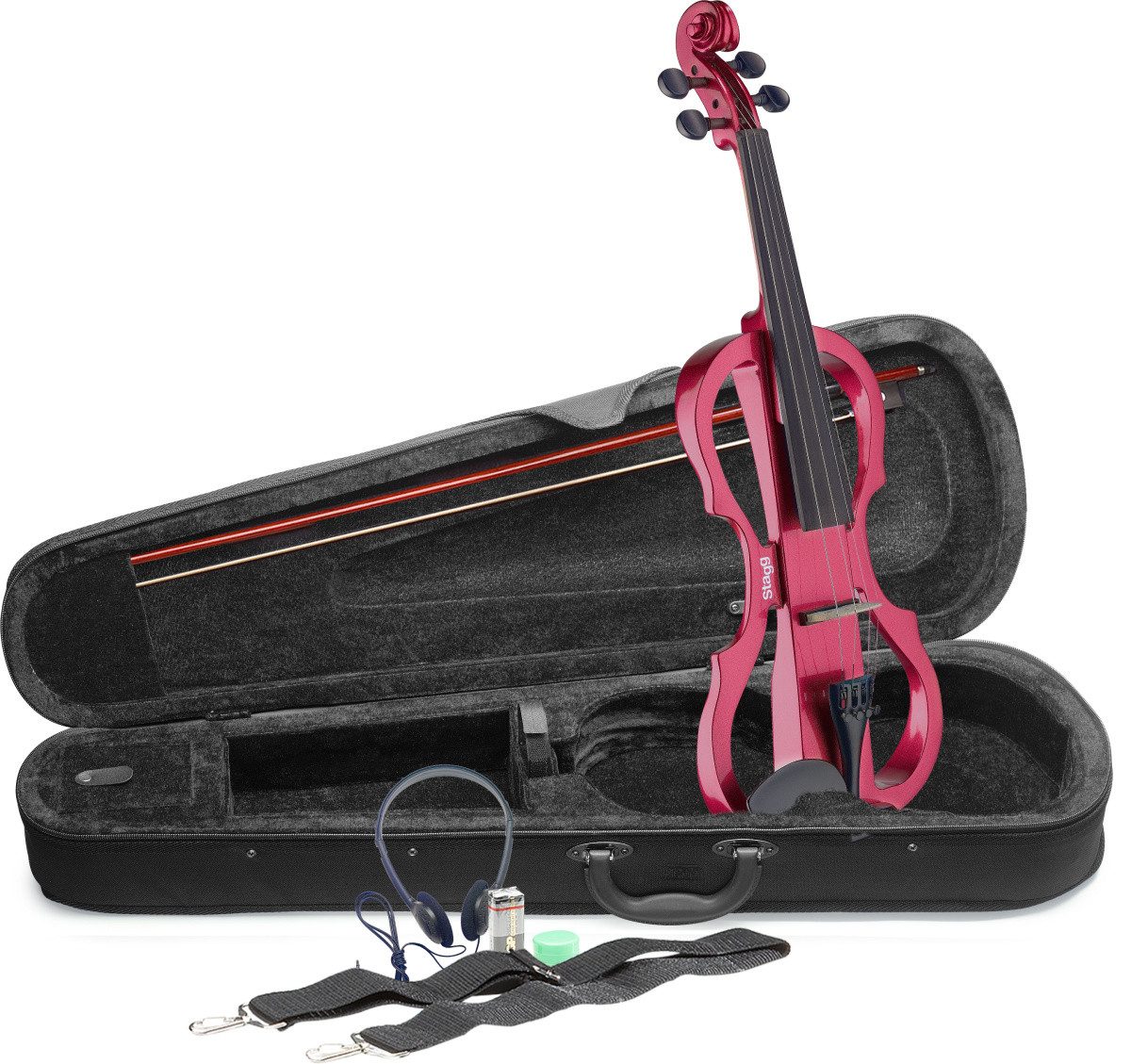 Stagg E-Violine 4/4 E-Violin Set mit Rot Metallic Violine, Softcase und Kopfhörer