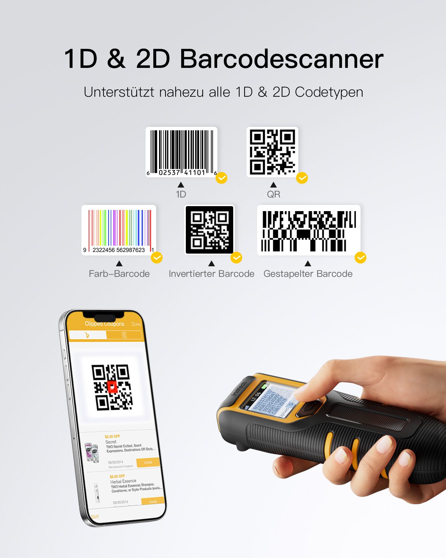 Inateck Barcode Scanner Bluetooth, 1D 2D QR Code Scanner Kabellos 2.4GHz Handscanner, (tragbarer kabelloser mit Bildschirm)