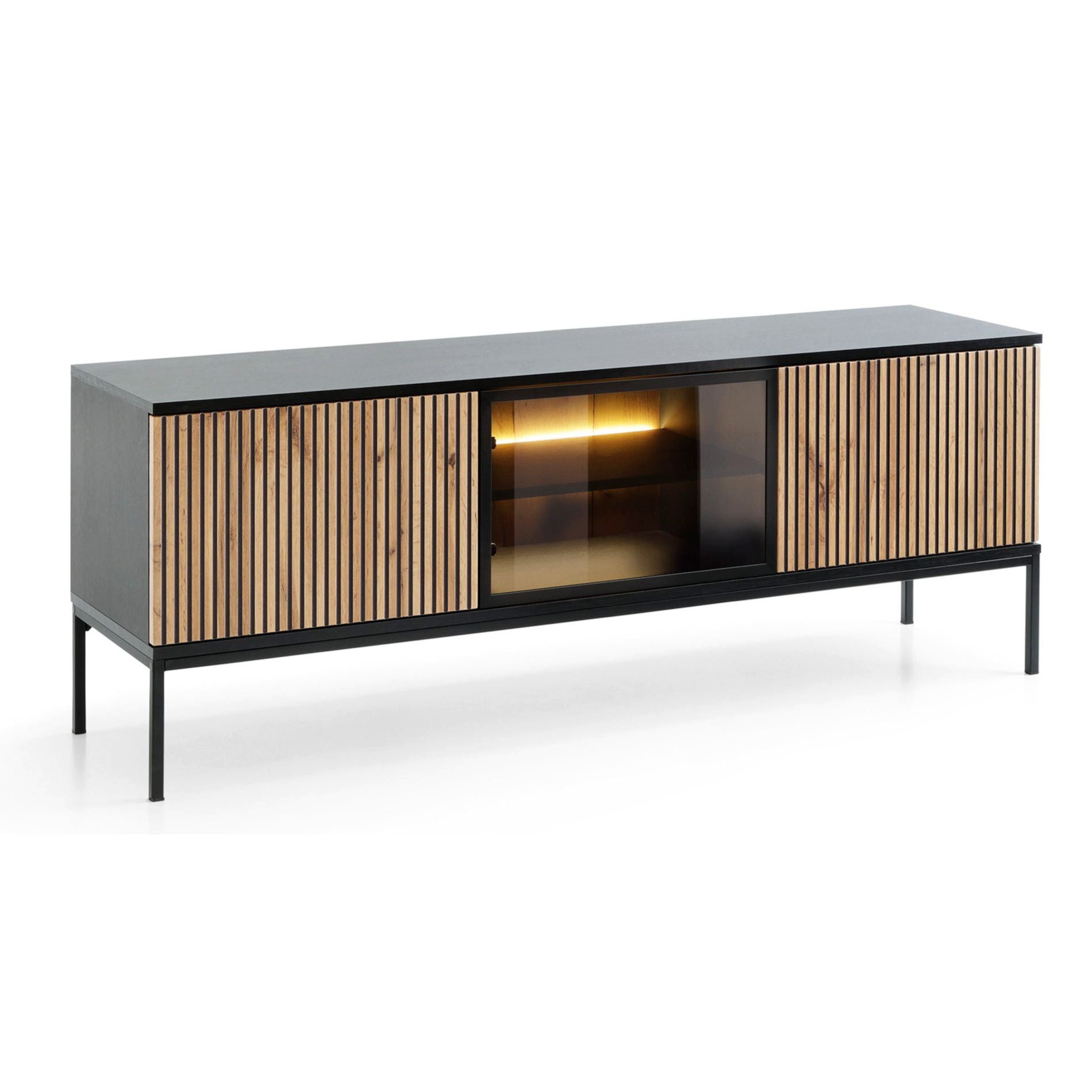 Selsey TV-Schrank TOSENA TV-Lowboard mit LED-Beleuchtung, Lamellenfront, Glasdetail, 160 cm