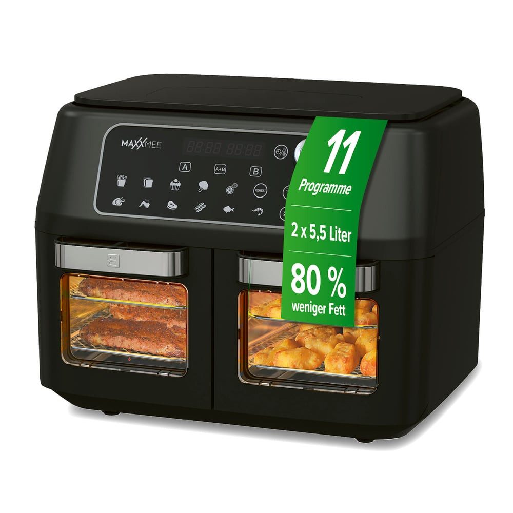 MAXXMEE Heißluftfritteuse Doppelkammer 11L 2 x 5,5l digitale Bedienung & Sichtfenster, 2400 W, besonders fettarm
