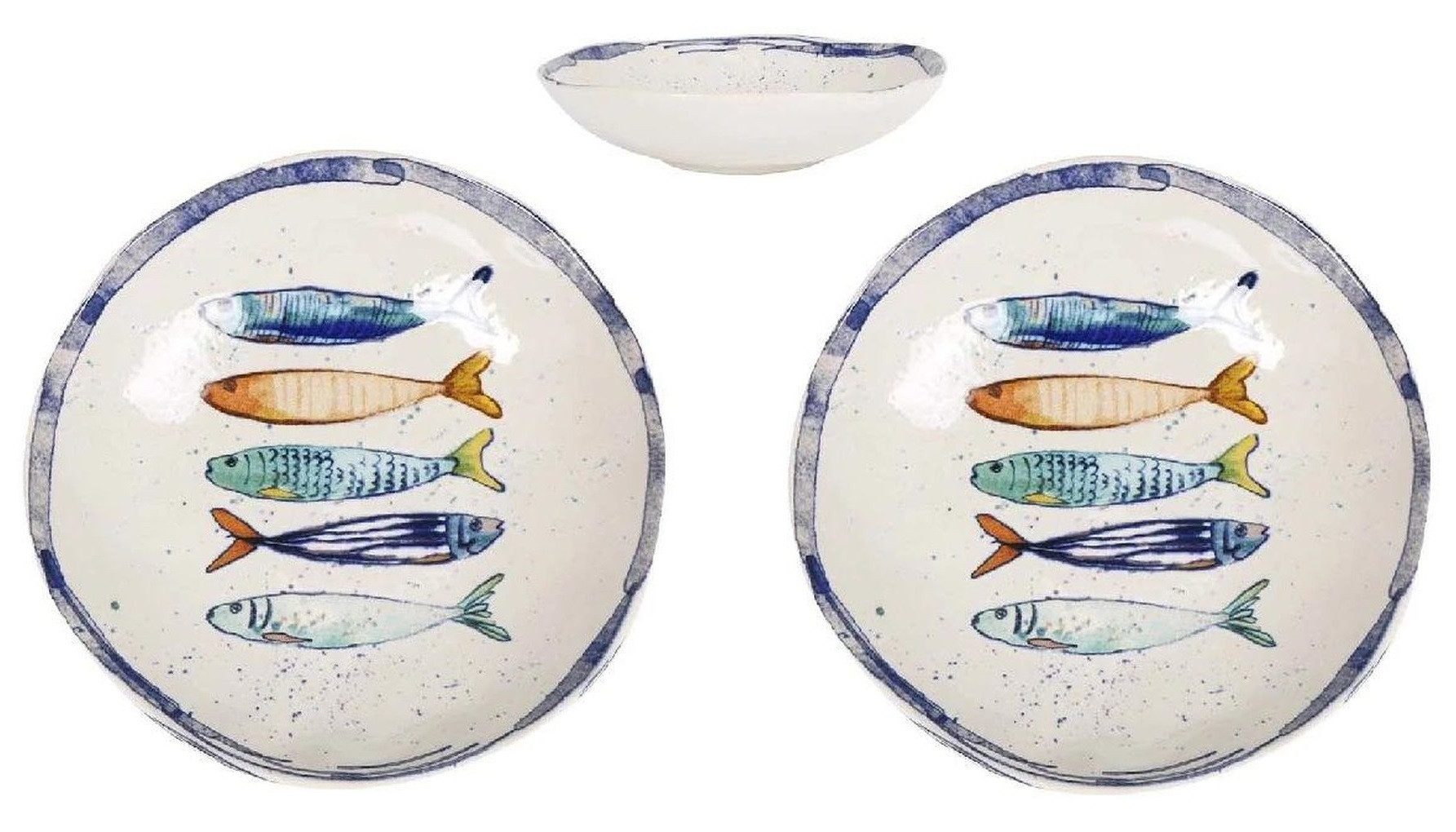 WestCraft Speiseteller Teller, mediterran mit Sardinen-Motiv, Maritime Suppenteller 21 cm, (2 St), 2er Set, hochwertig und robust - langlebig und vielseitig einsetzbar