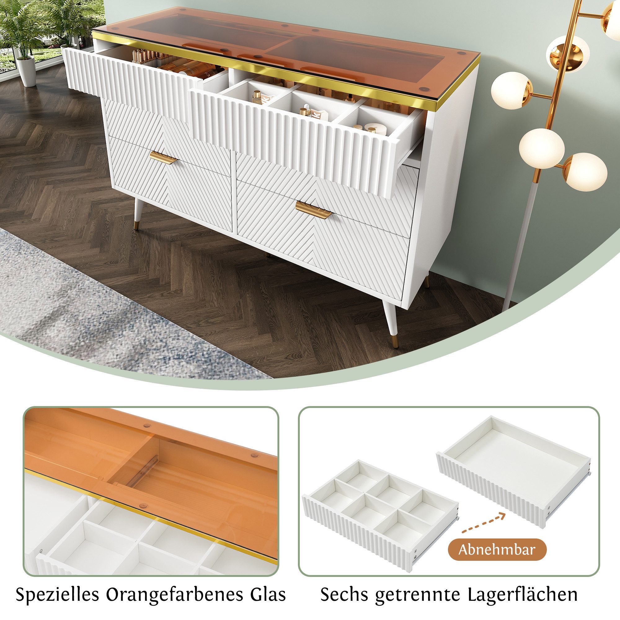 Flieks Kommode, Schrank Sideboard mit orangen Glasplatte und 6 Schubladen 120x40x76cm
