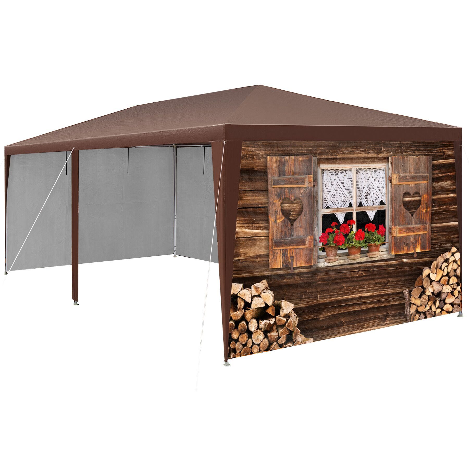 tectake Pavillon Rattan Gartenzelt in 2 Größen, inklusive Spannseilen und Heringen, mit 8 Seitenteilen, (Partyzelt Almchalet, in braun), im Steckystem, abnehmbare Seitenteile, mit UV-Schutz, wasserdicht