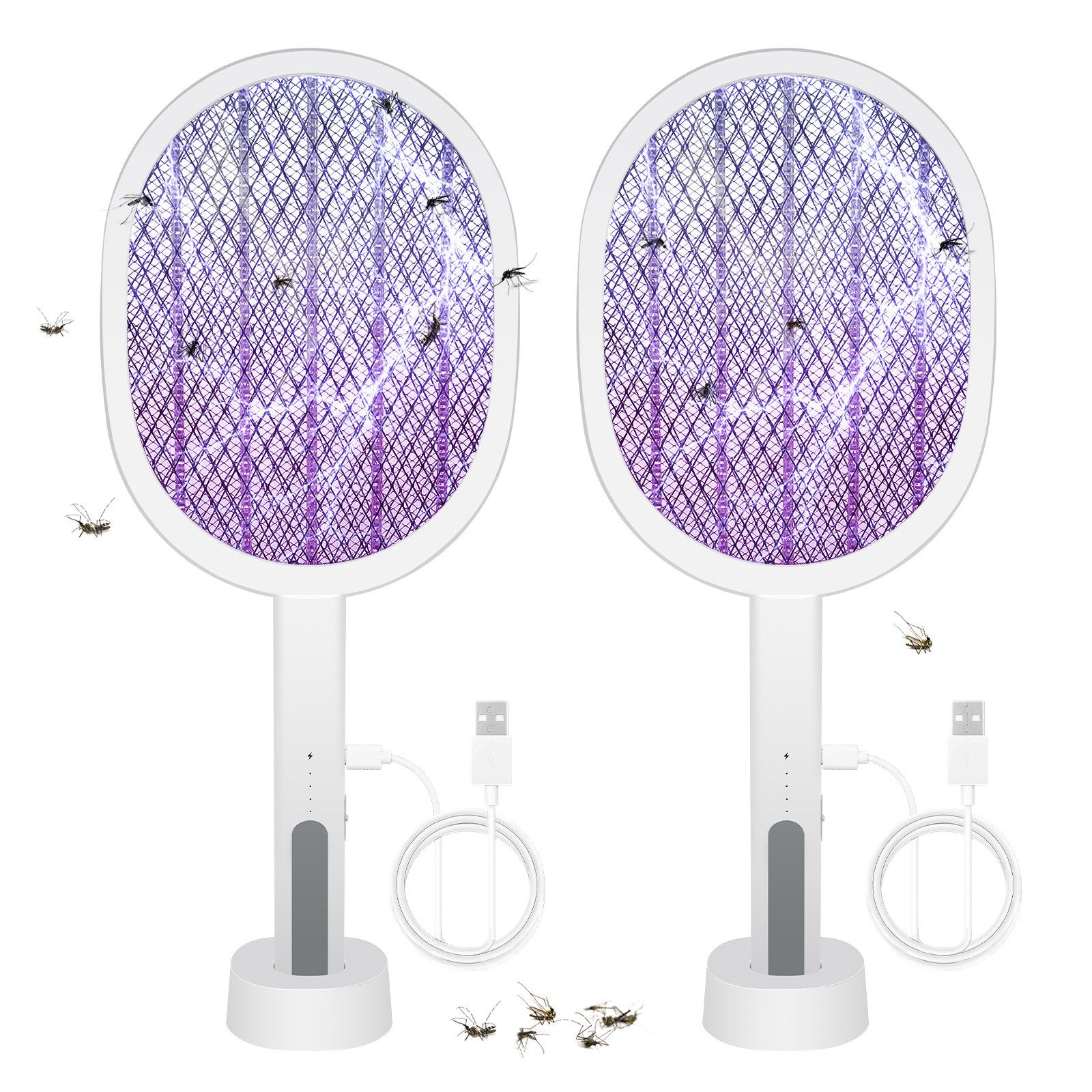 OZAVO Fliegenklatsche 1/2er Elektrische Fliegenklatsche, 3000V Fliegenklatsche Elektrisch, Aufladbar Elektro Mückenklatsche mit UV Lichtfalle Moskito Weiß