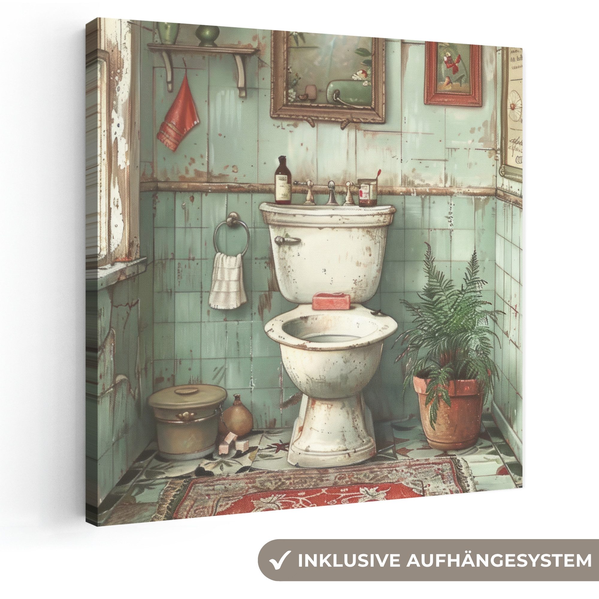 OneMillionCanvasses® Leinwandbild Weinlese - Toilette - Illustration, Fotodruck (1 St), Wandbild, Deko Schlafzimmer Wohnzimmer Flur 20x20 cm