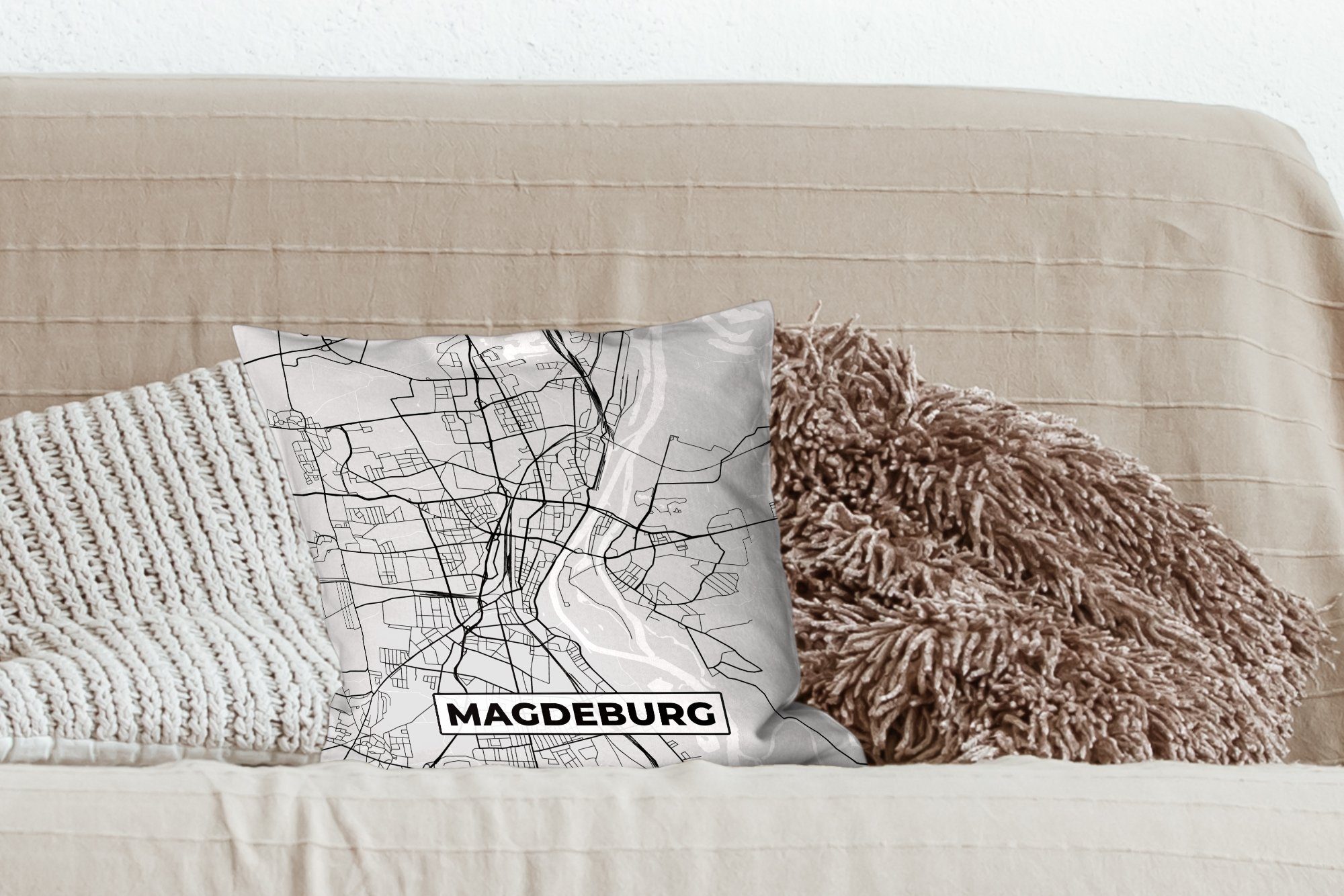 - Dekokissen - - Füllung Sofakissen für Deutschland Schlafzimmer, MuchoWow Karte, mit Stadtplan Magdeburg Zierkissen Wohzimmer, Deko,