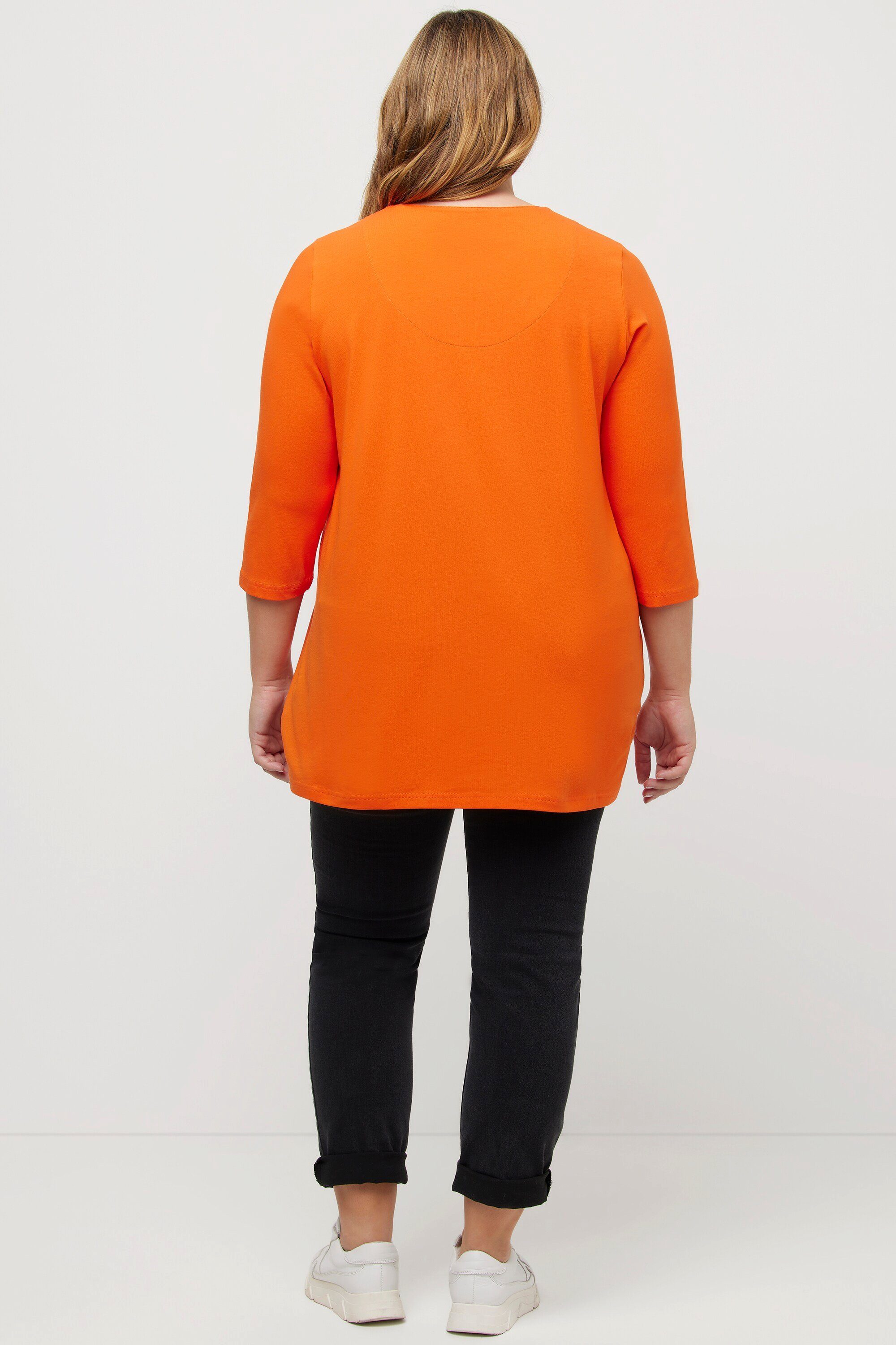 Ulla Popken Rundhalsshirt Longshirt A-Linie 3/4-Arm orange V-Ausschnitt
