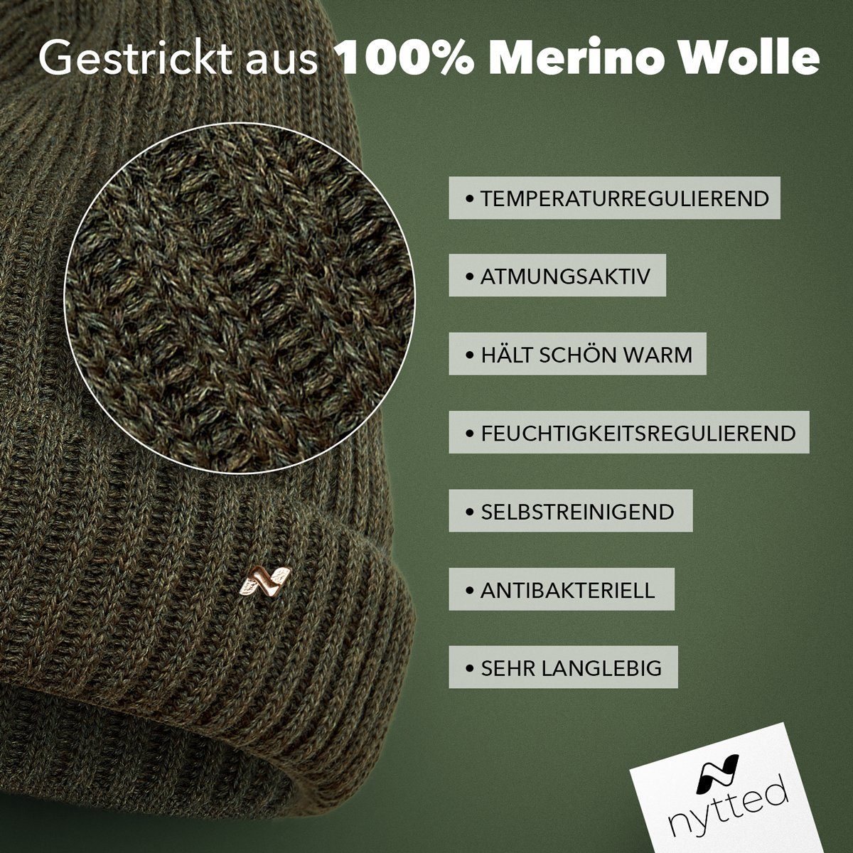 Germany Merino-Wolle in - - NYTTED® 100% - Strickmütze für Made Damen oliv & Wintermütze Herren