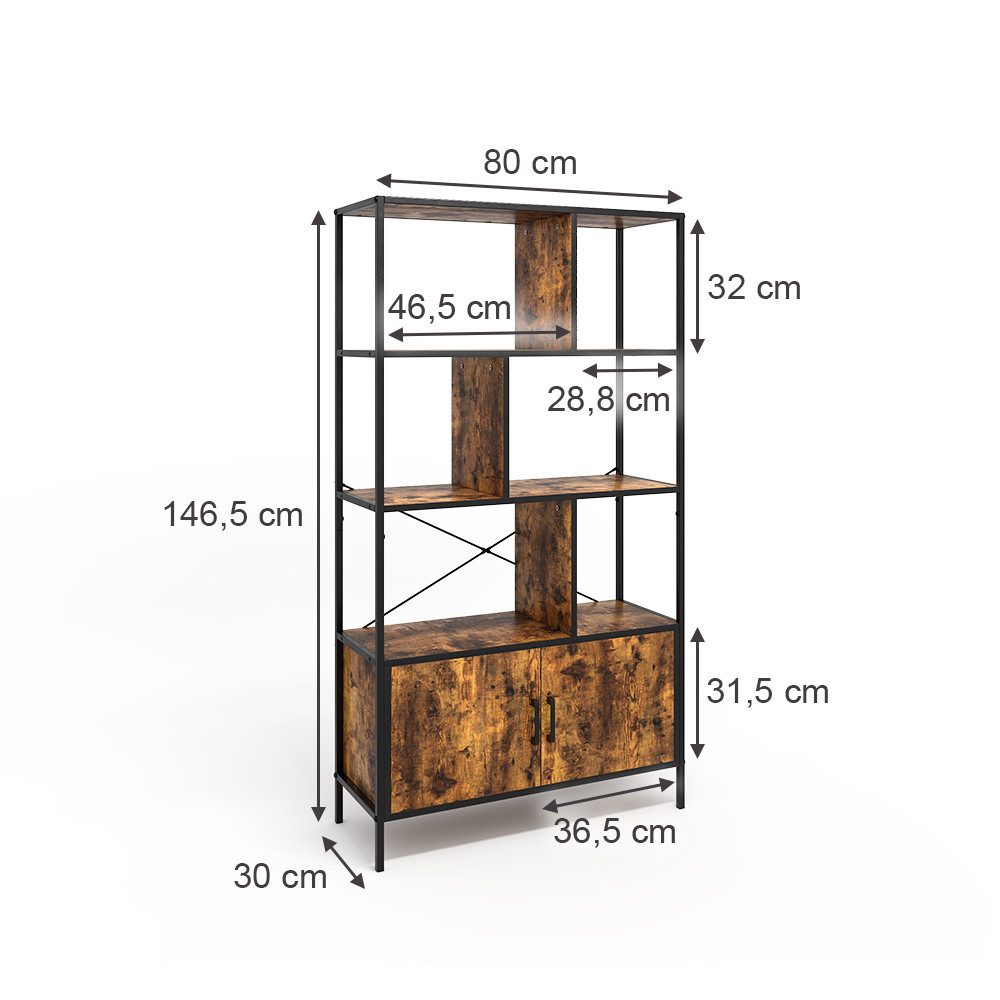 Vicco Raumteilerregal Fyrk, Eiche rustikal/Schwarz, 80 x 146.5 cm mit 2 Türen, 1-tlg.