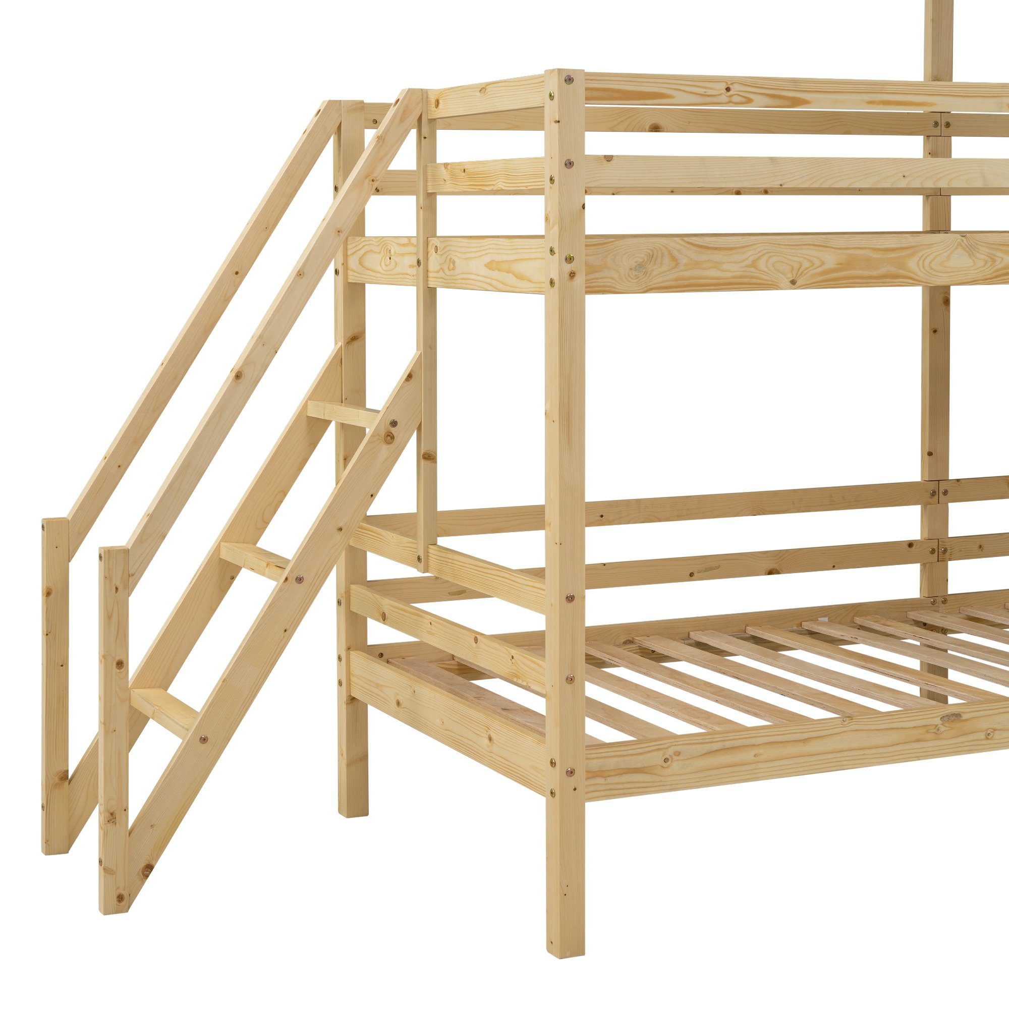 Etagenbett (Hochbett Kinderbett 90x200 cm), inklusive Trittleiter und Rundum-Absturzschutz, Kiefer