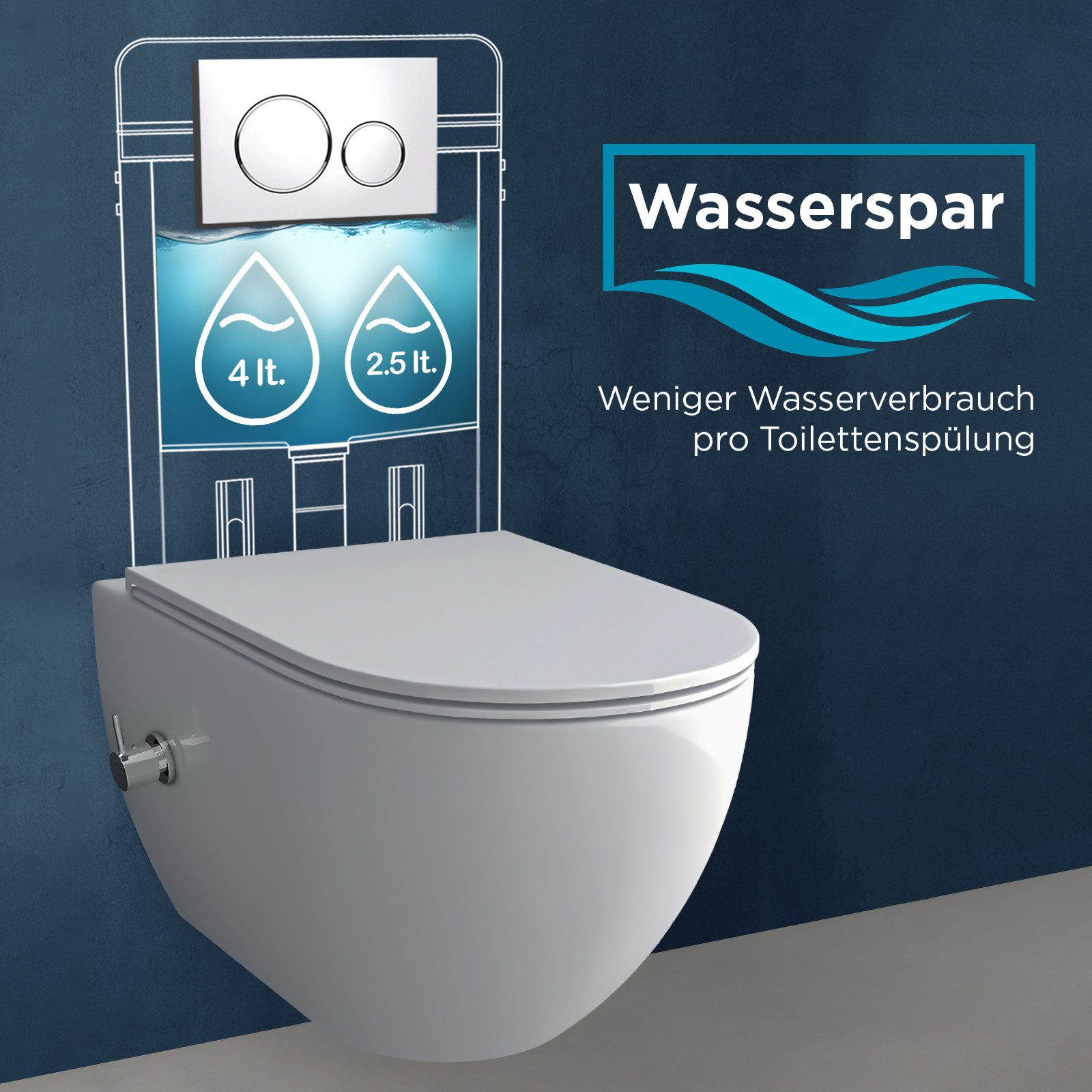 Alpenberger Dusch-WC Hänge WC mit Bidet Funktion, Tiefspül WC Spülrandlos mit WC Sitz, Wand WC, Bidet Toilette mit seitlich angebrachter Armatur
