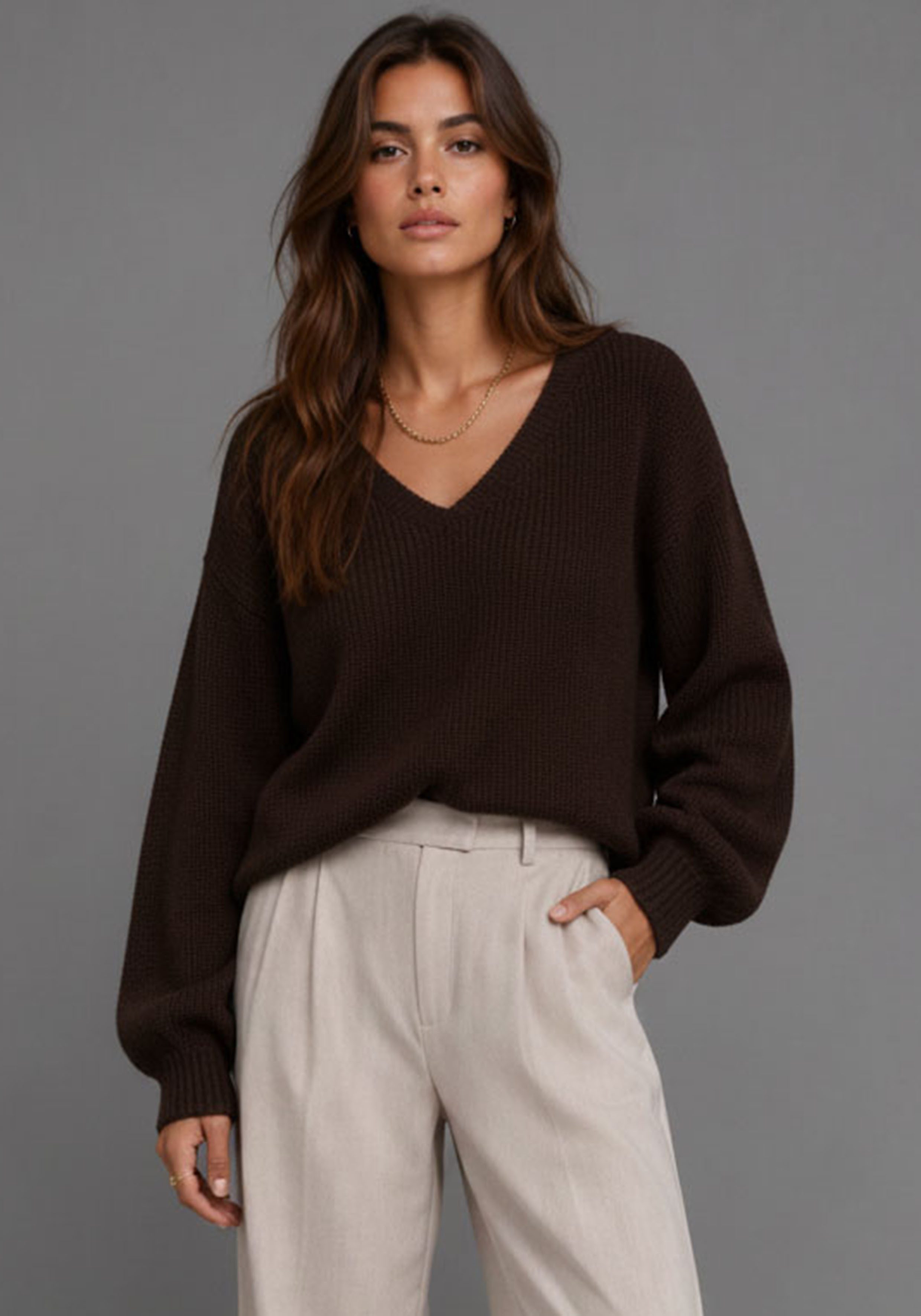 Laura Scott V-Ausschnitt-Pullover mit moderner Oversize-Passform aus Grobstrick