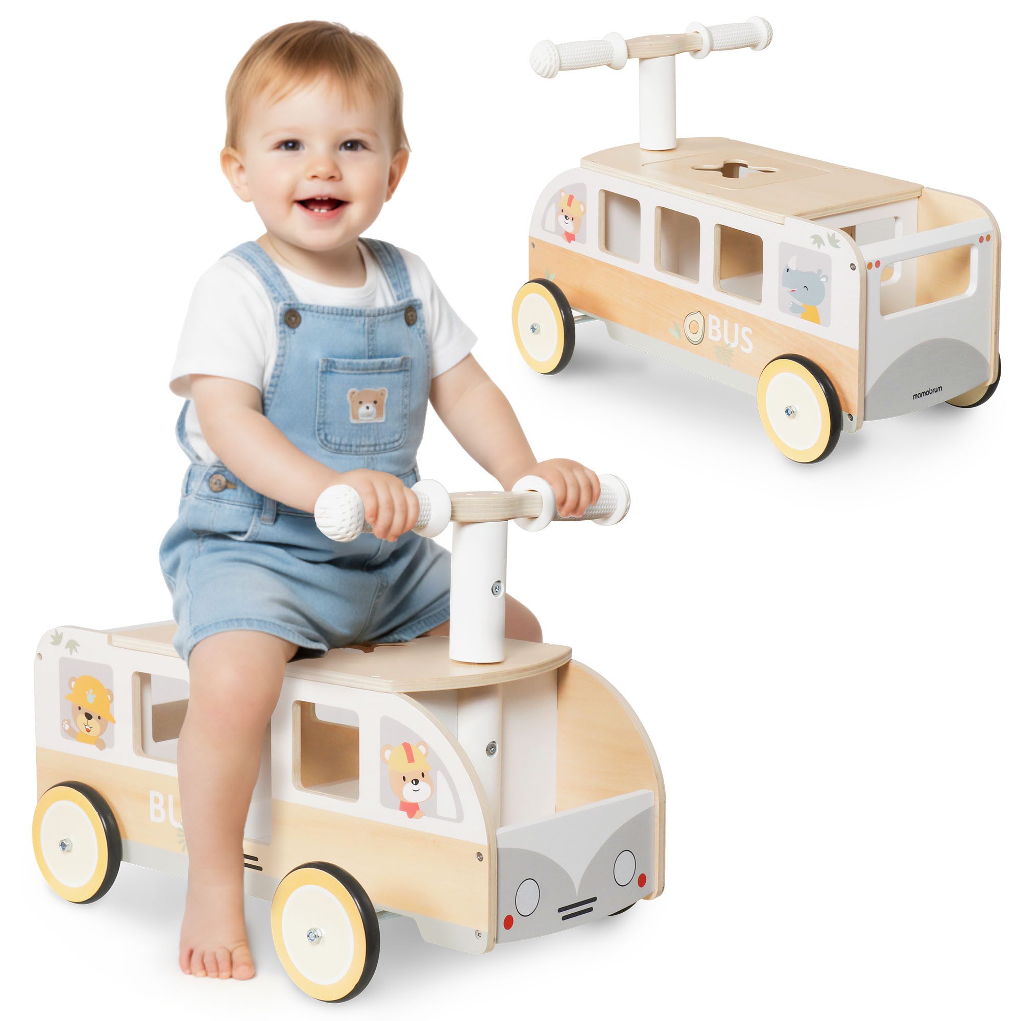 Mamabrum Spielzeug-Auto Kinder Rutschauto aus Holz Bus mit Stauraum & Lenkrad