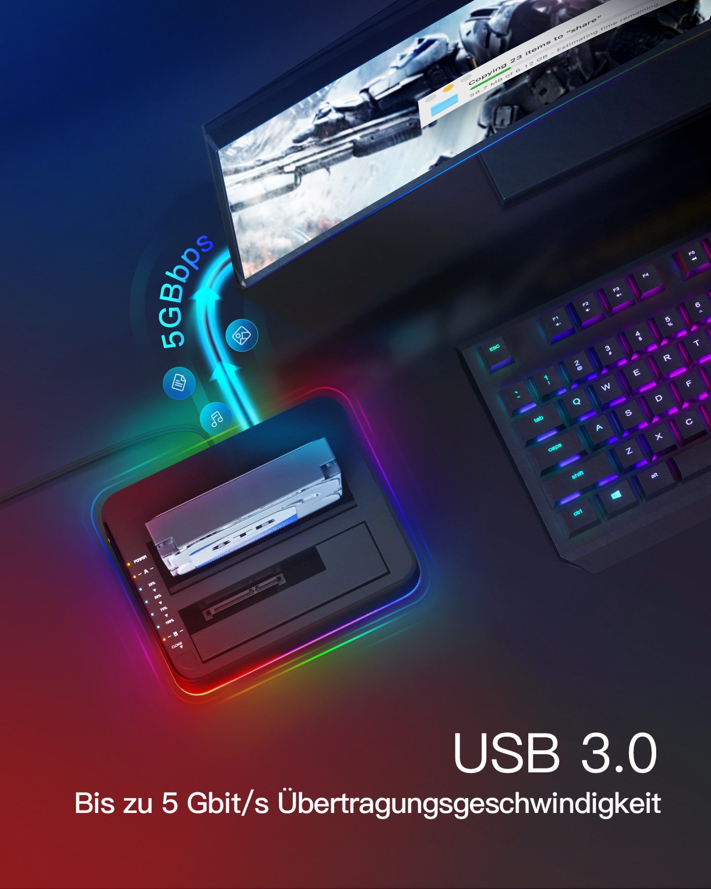 Inateck Festplatten-Dockingstation RGB USB-C Port mit Offline-Klonen, für 2,5/3,5 Zoll SATA HDDs und SSDs, 2 x 20TB Dual Bay Docking Station, UASP unterstützt – Bild 4 von 5