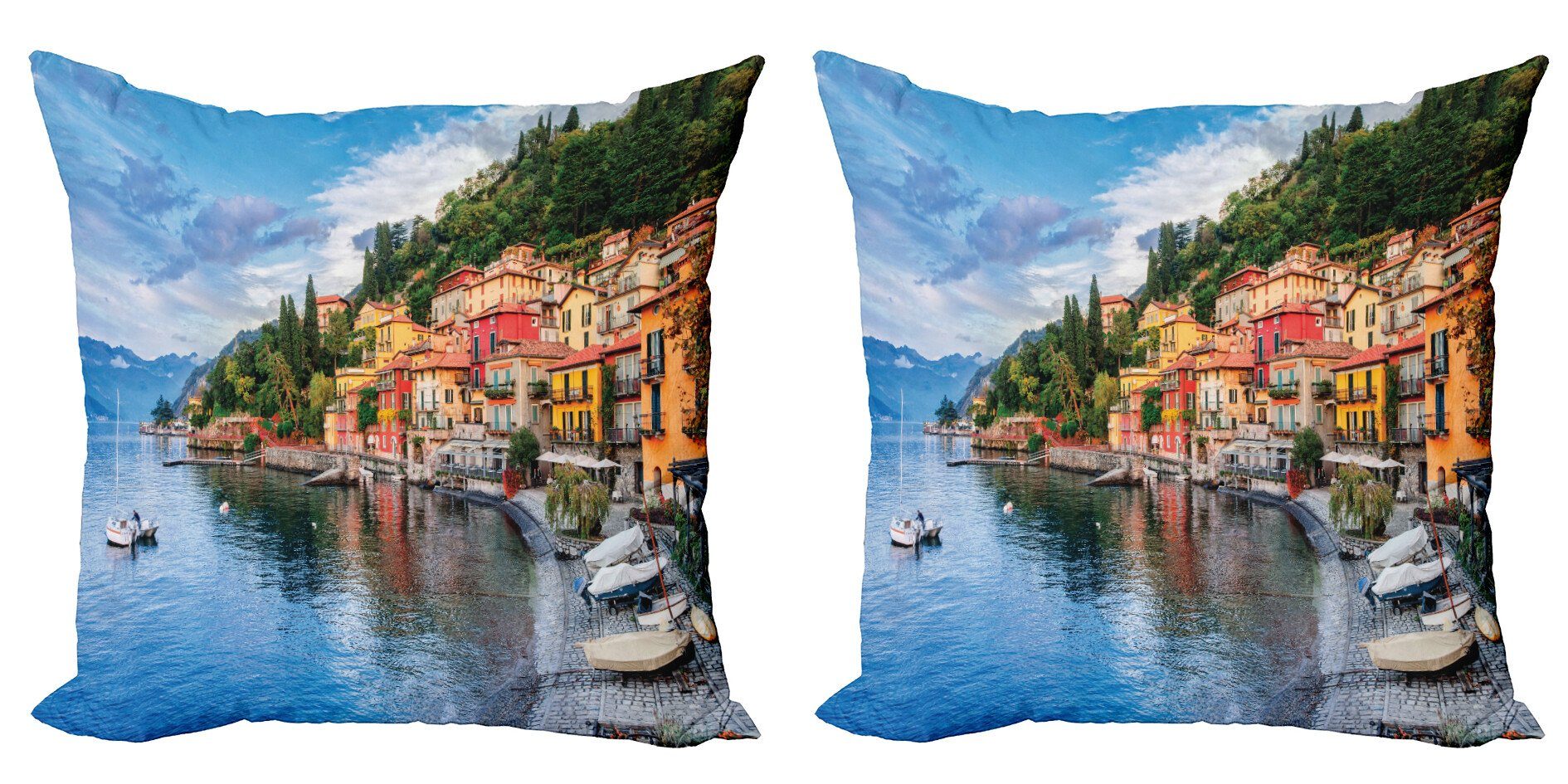 Kissenbezüge Modern Accent Doppelseitiger Digitaldruck, Abakuhaus (2 Stück), Italien Yacht Idyllische Stadt | Kissenbezüge