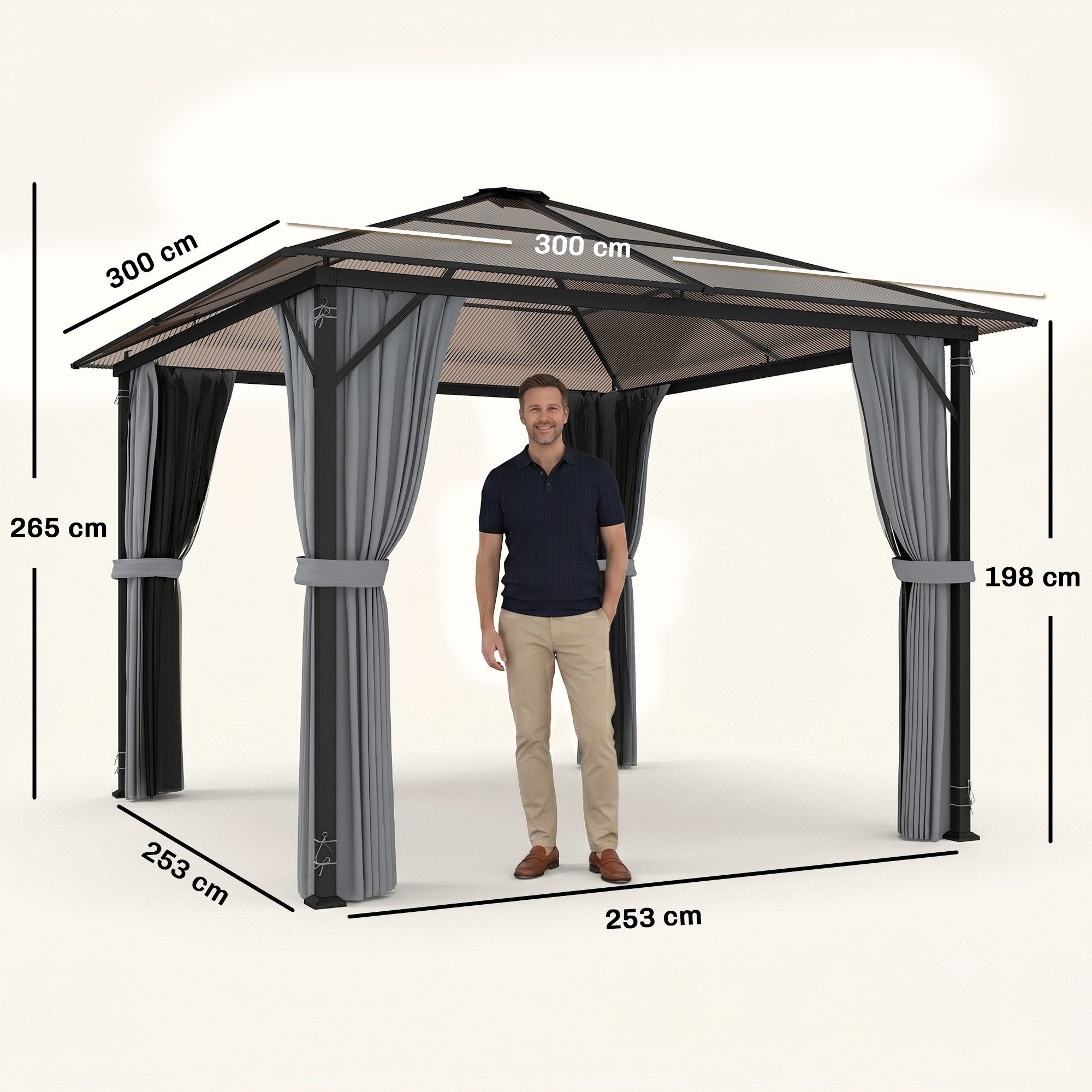 Outsunny Pavillon mit Seitenteilen, PC Dach, mit 4 Seitenteilen, (Partyzelt, Gartenpavillon), für Garten, Balkon, Grau
