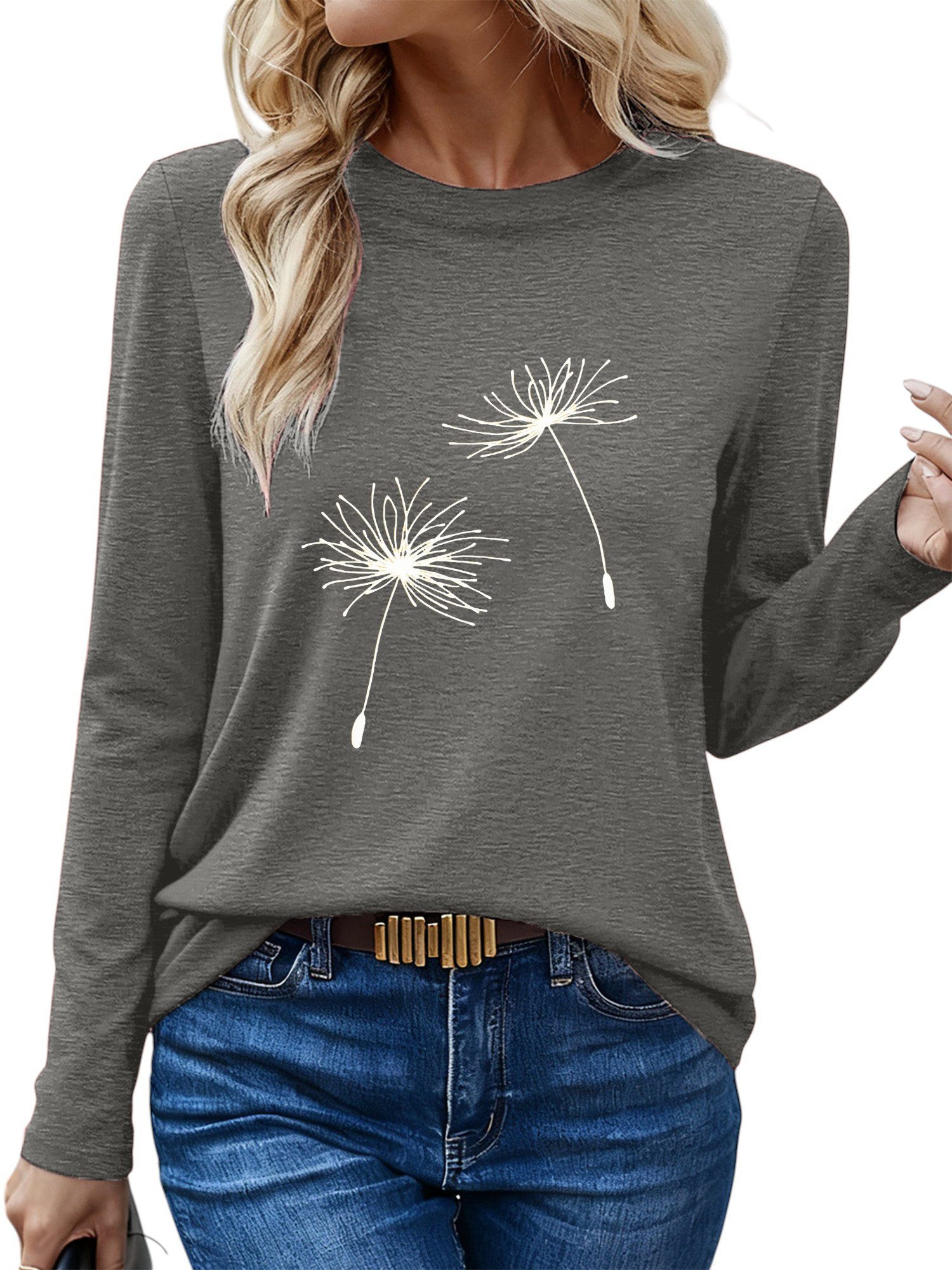 PYLIKE Longsleeve Damen bequemes Winter Longsleeve Shirt Lockere Tops mit L günstig online kaufen