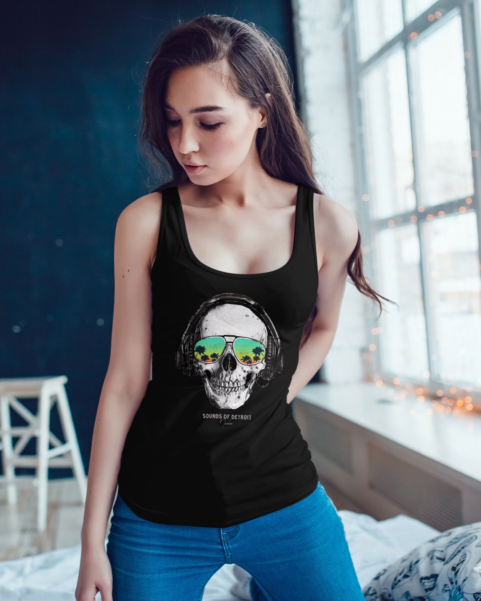 Neverless Tanktop Damen Tank-Top Totenkopf Kopfhörer günstig online kaufen