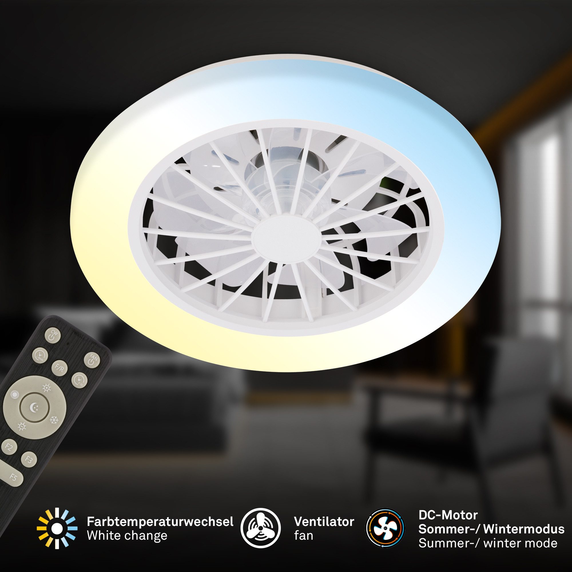 Briloner Leuchten LED Deckenleuchte Deckenventilator mit Licht dimmbar Nachtlicht CCT Sommer/Winter, CCT, LED fest integriert, CCT - Farbsteuerung, 48,5x14,5 cm, 49 Watt, Schlafzimmer, Wohnzimmer