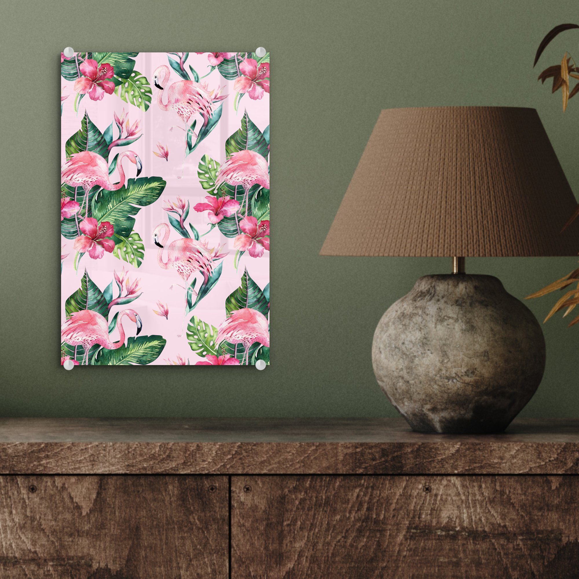 Glas Wanddekoration auf Foto Glas Pflanzen, Glasbilder St), (1 Acrylglasbild Bilder - auf - bunt - Wandbild MuchoWow Blumen Flamingo - -