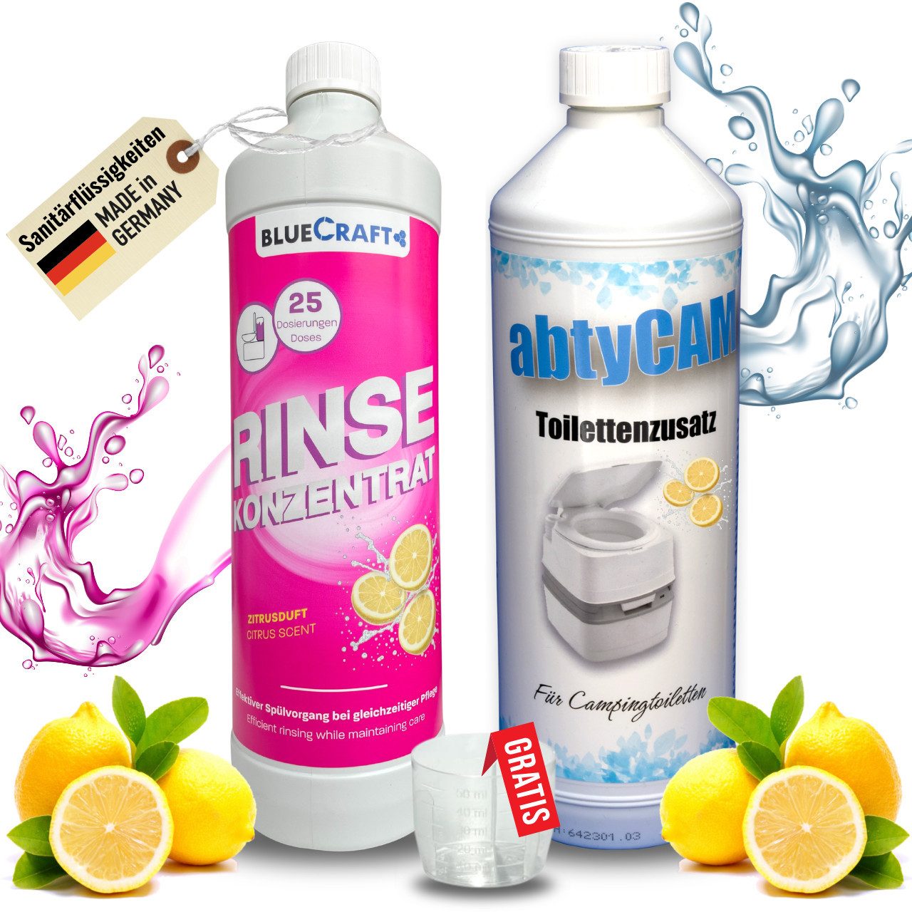BlueCraft Sanitärflüssigkeit-Set für Campingtoiletten 2x1L Sanitärzusatz Campingtoilettenreiniger (1x 1 Liter Sanitärflüssigkeit, 1x 1 Liter Spülwasser-Zusatz für mobile Camping Toiletten inkl. 50 ml Messbecher)