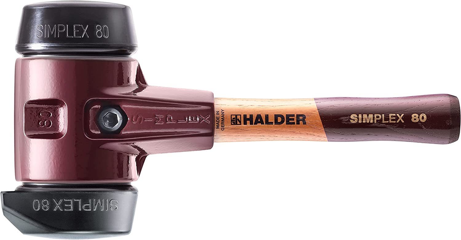 Halder KG Hammer Halder mit mm kurz, und mit SIMPLEX-Schonhammer, 3022.282 hochwertigem Stielausführung=extra Holzstiel, D=80 Gummikomposition, / Standfuß; Tempergussgehäuse