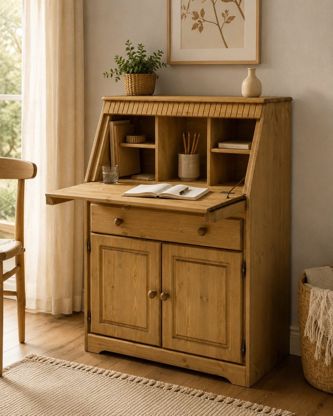 Clever-Moebel Sekretär Sekretär aus Kiefernholz im Landhausstil Schreibtisch, Breite: 83cm, Tiefe: 41cm, Höhe: 111cm