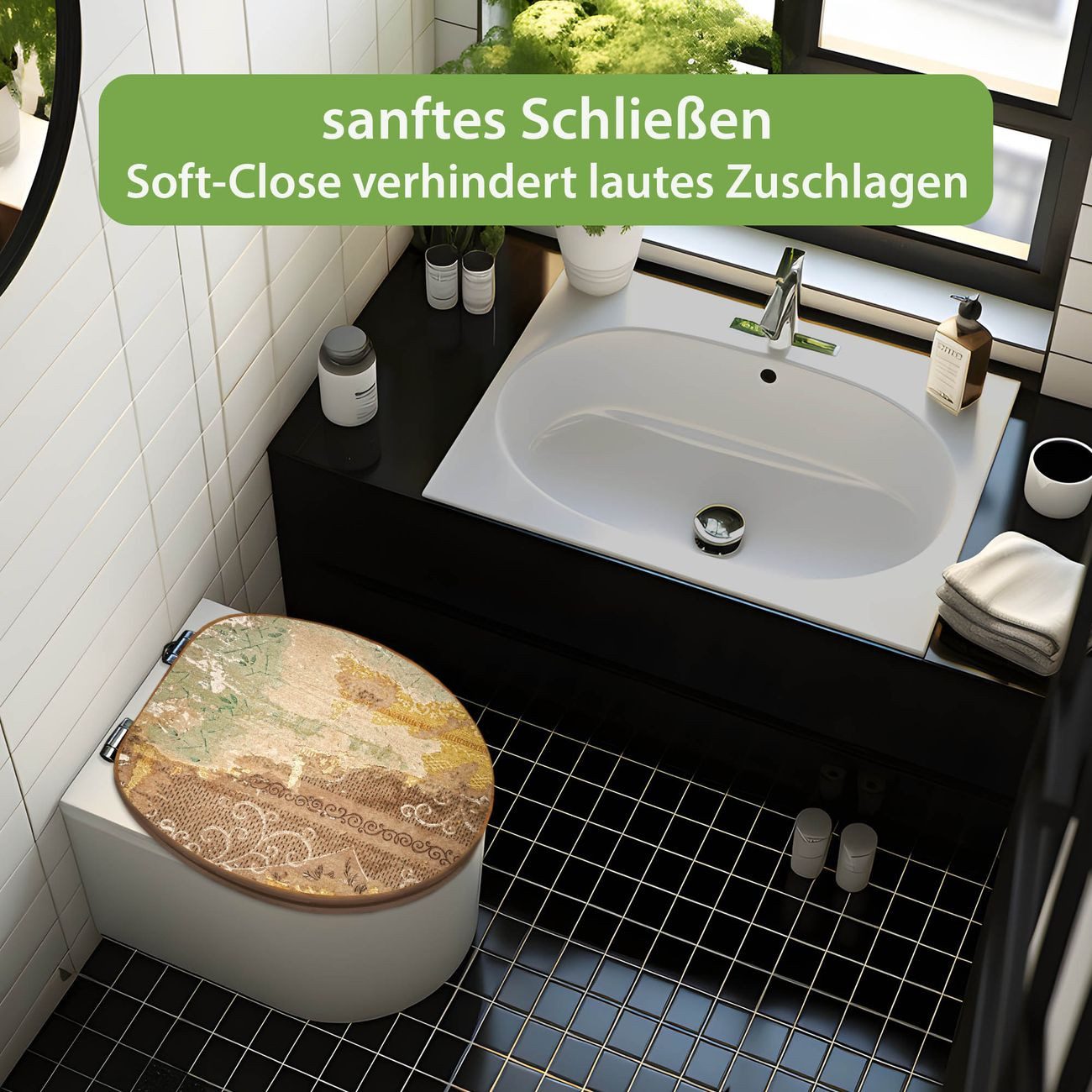 banjado WC-Sitz aus Bambus mit Absenkautomatik Motiv Alte Tapeten (umweltfreundliches Material, integrierte Absenkautomatik), 45,8 x 37,5 x 5 cm