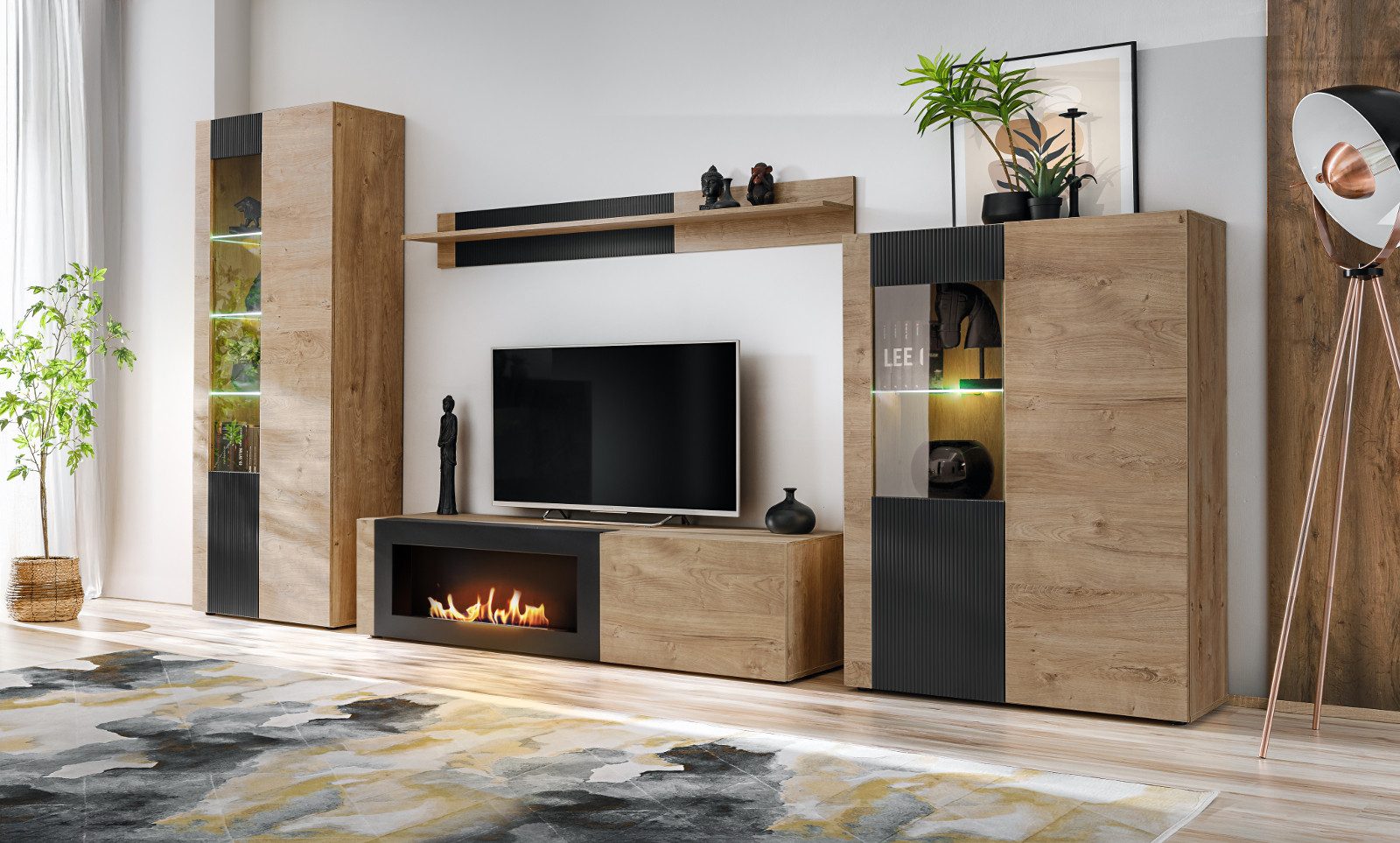 Inn.Furn Wohnwand Heron, (Schrankwand mit integriertem Kamin, 4-St., Eiche und Schwarz, 350 cm), Push-To-Open, inklusive LED Beleuchtung