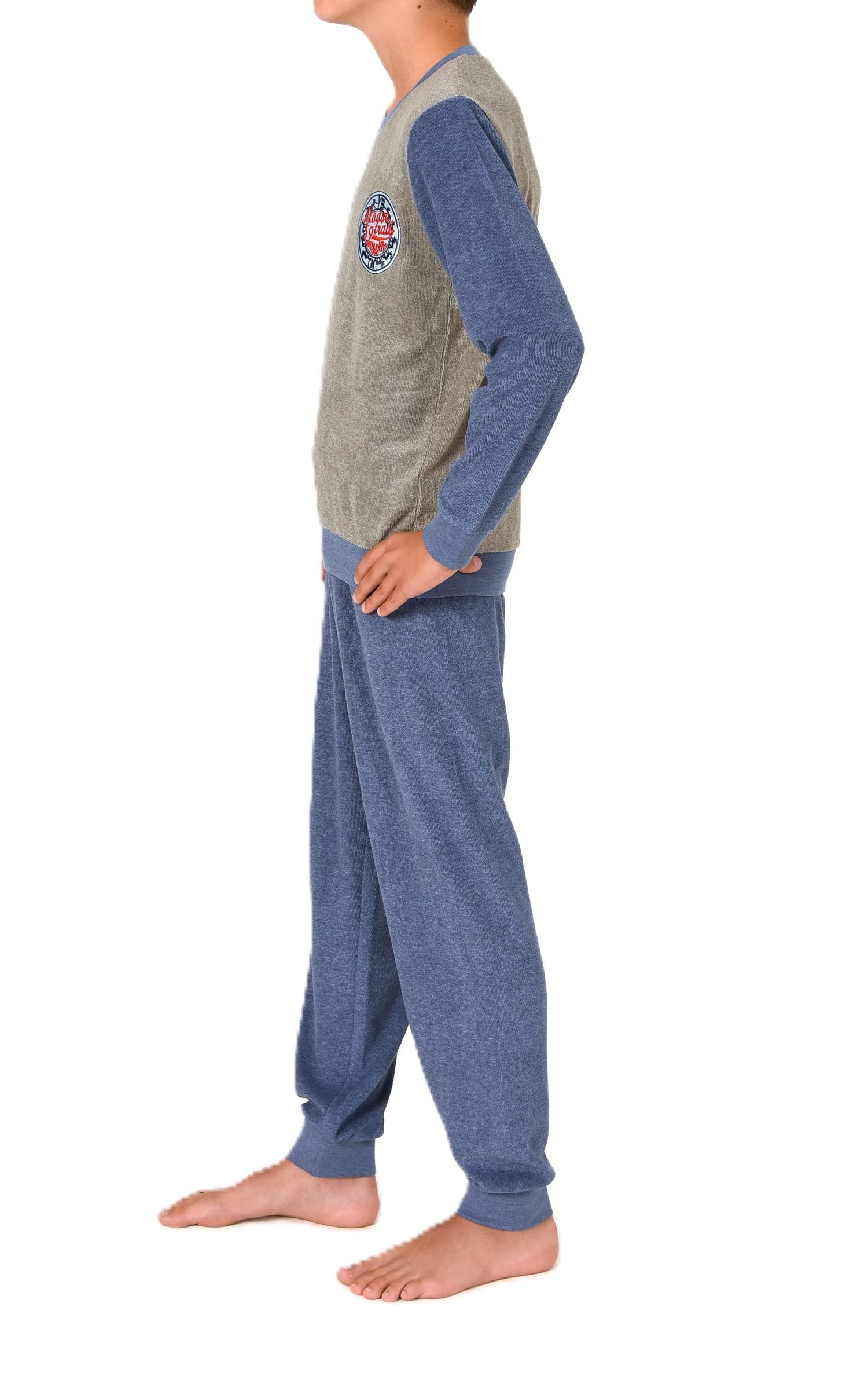 Normann Pyjama Normann Jungen Frottee Pyjama Schlafanzug mit Bündchen und Stickerei – Bild 2 von 3