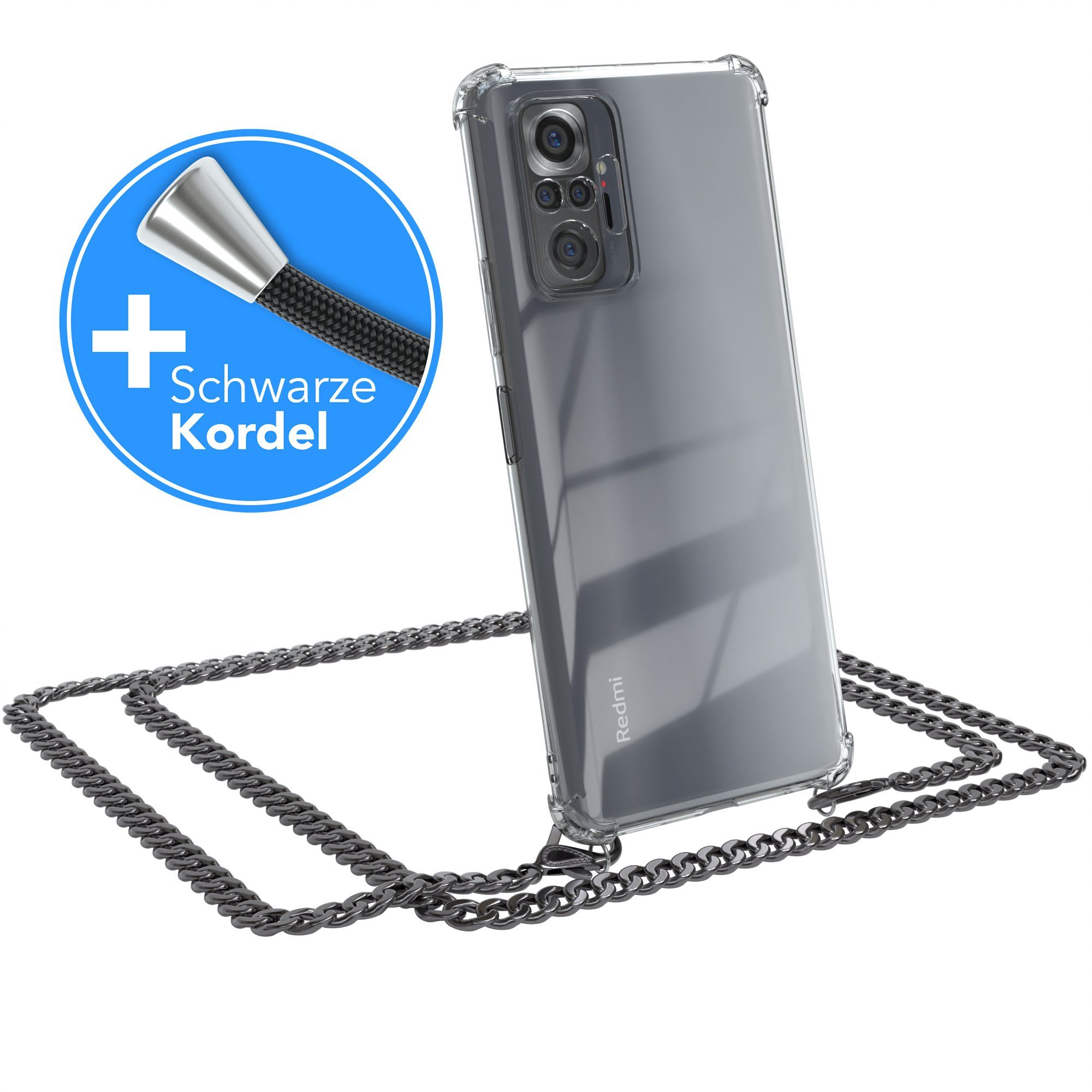 EAZY CASE Handykette 2in1 Metallkette für Xiaomi Redmi Note 10 Pro 6,67 Zoll, Handykordel Kette zum Umhängen Cross Bag Schutzhülle Anthrazit Grau