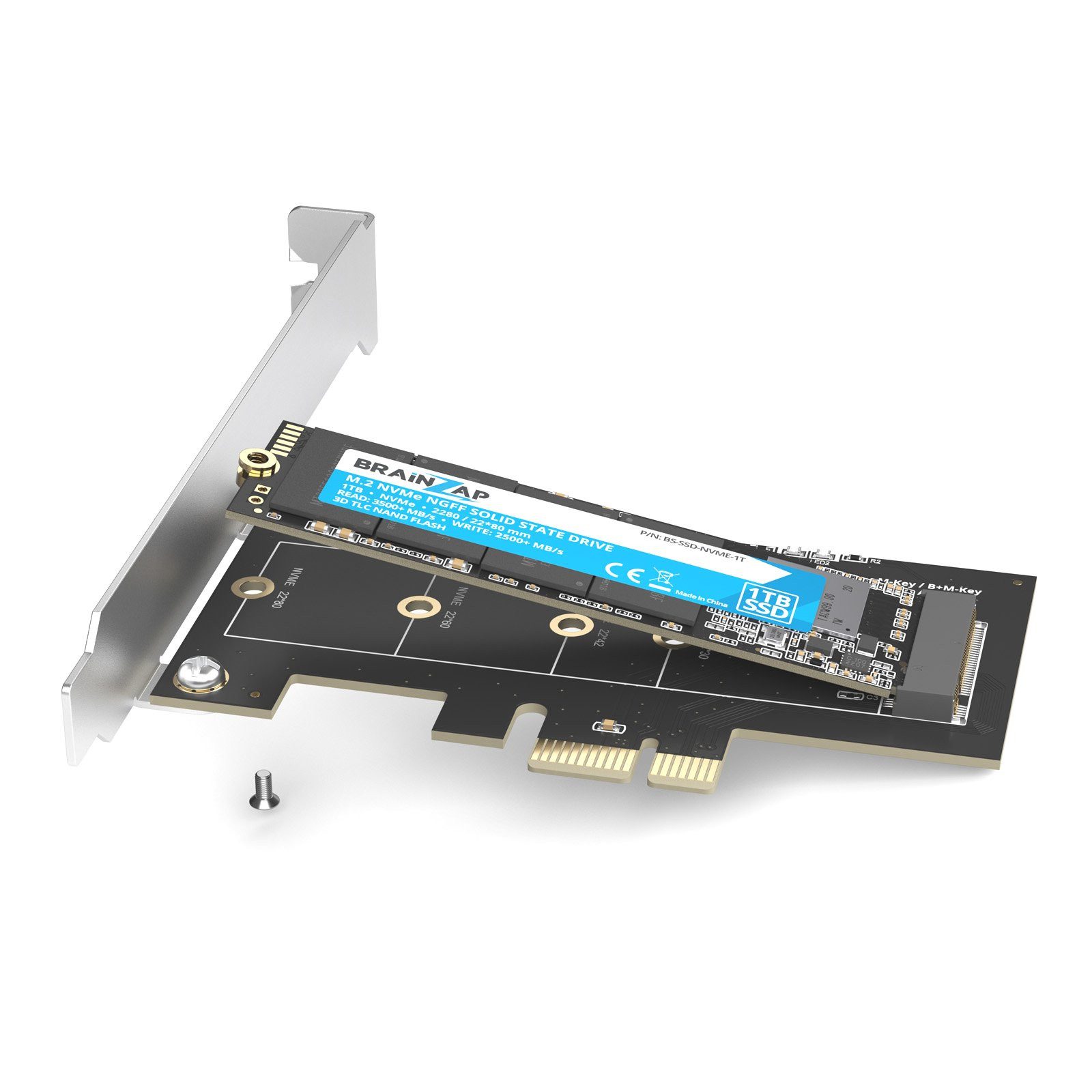BRAINZAP M.2 NVMe PCIe Adapter Modulkarte PCI-Express zu M.2, M.2 NVMe (M-Key/B+M-Key) auf PCIe x1 · inkl. Slotblende · PCIe