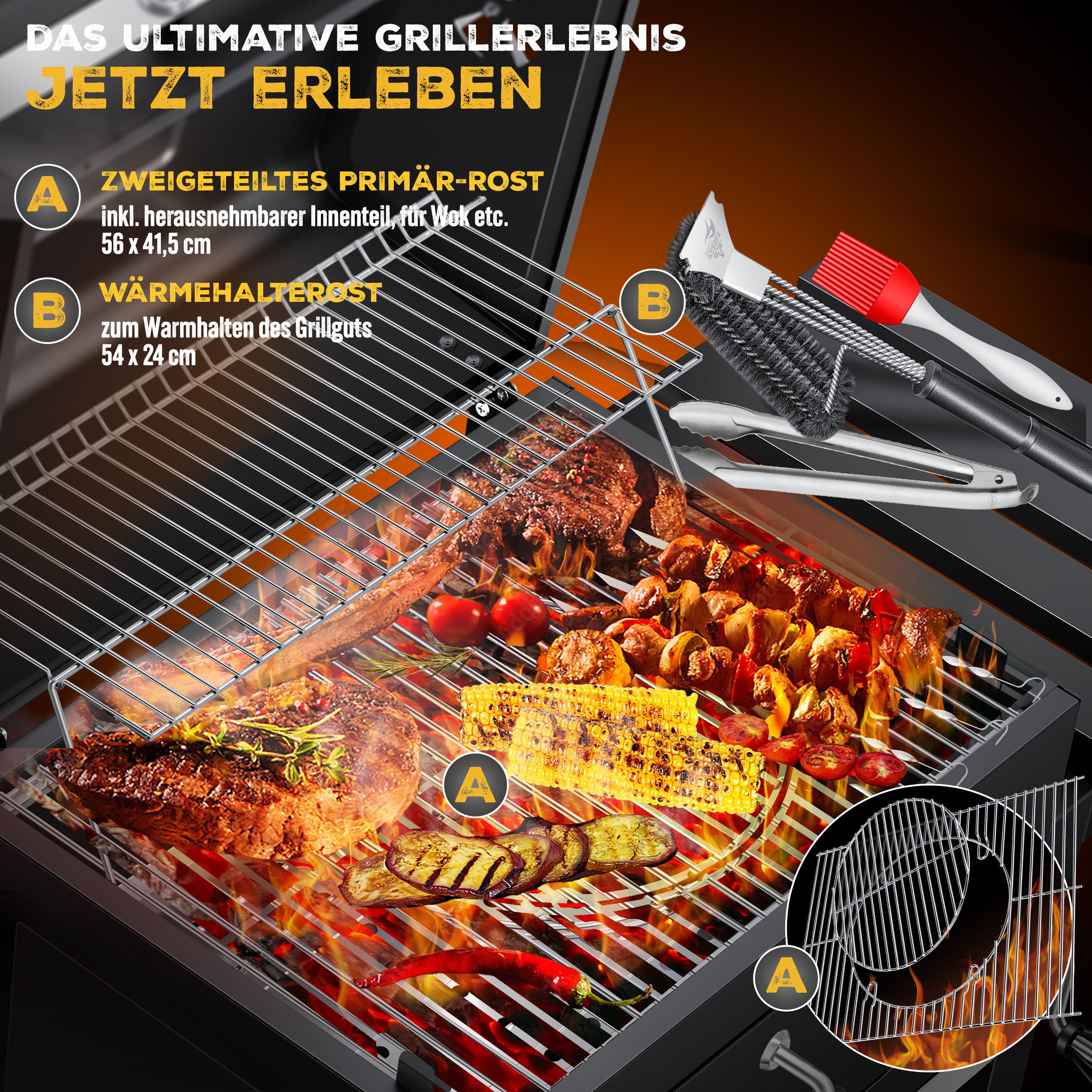 KESSER Holzkohlegrill Grill Grillwagen BBQ Smoker XL Holzkohlegrill mit Deckel, Rädern, Edelstahl-Griff, Grillrost und Thermometer Standgrill Kohlegrillwagen
