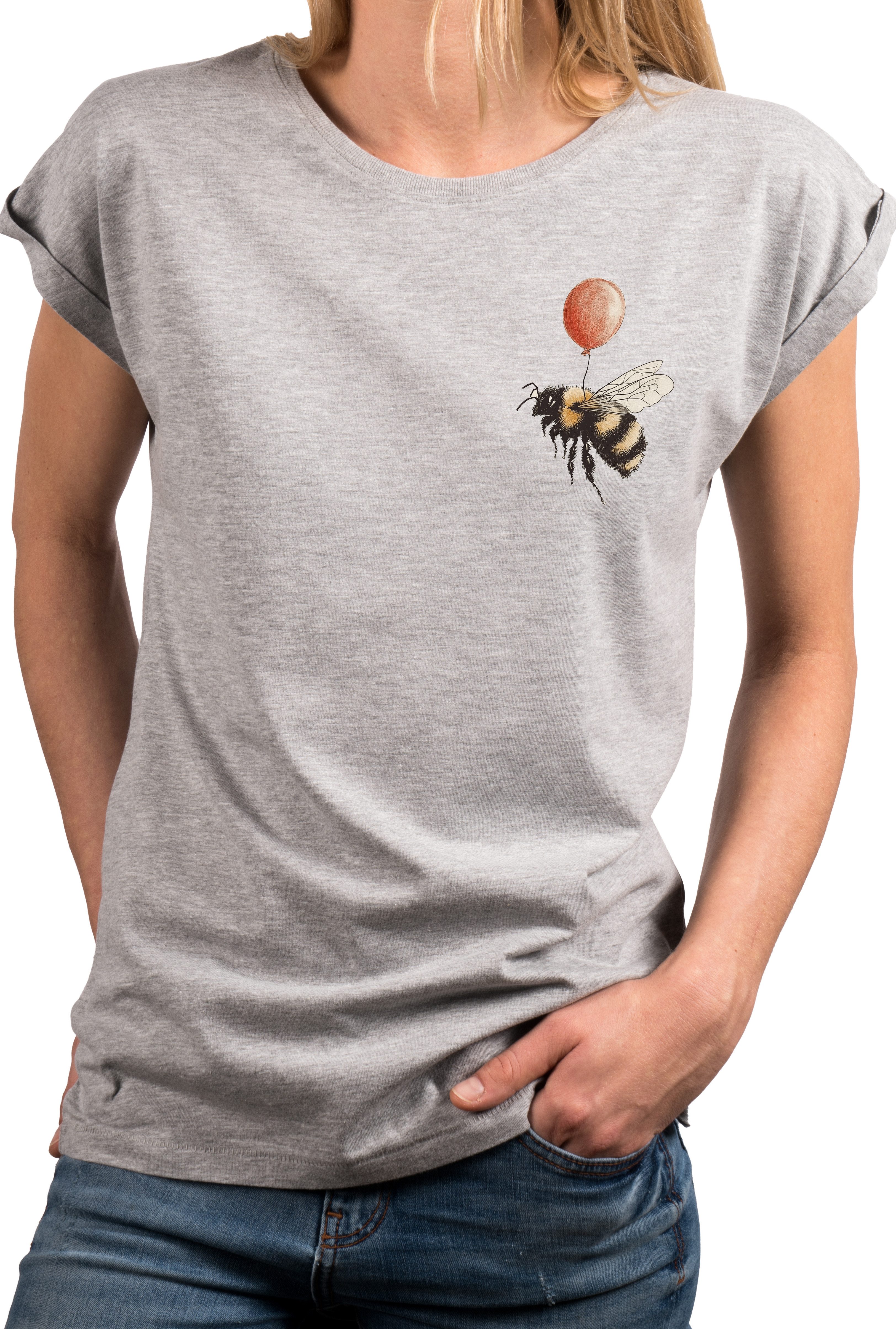 MAKAYA T-Shirt Damen-Top mit kleinem Hummel-Print – lustiges, freches Sommer-Motiv (Weiß, Rosa, Hellgrau, Grün, Dunkelgrau, Blau, 34, 36, 38, 40, 42, 44, 46, 48, 50) Baumwolle