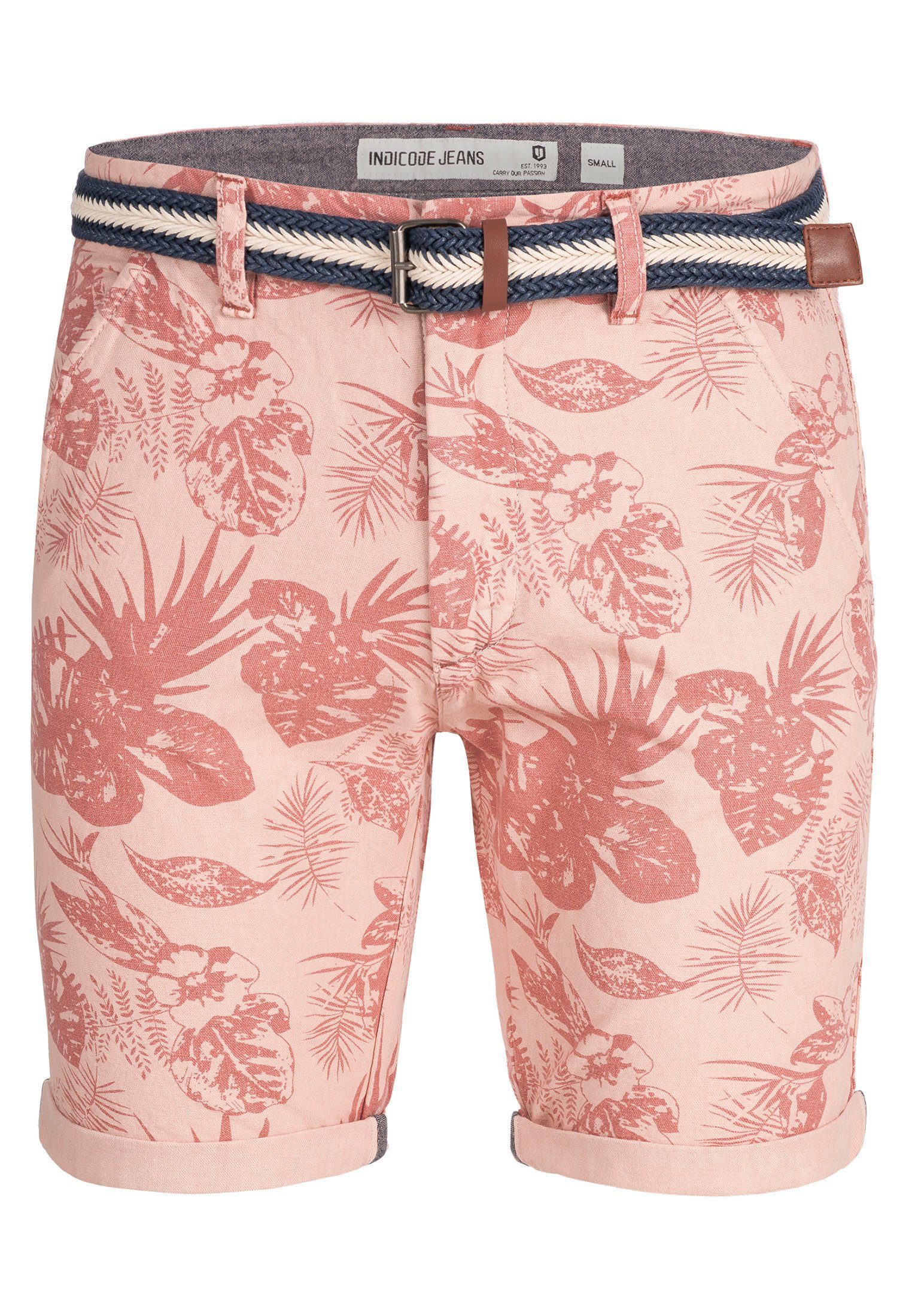 Indicode Chinoshorts Herren Curtain Chino Shorts Herrenshorts Chino Shorts mit sommerlichem Blumenprint und einem Gürtel