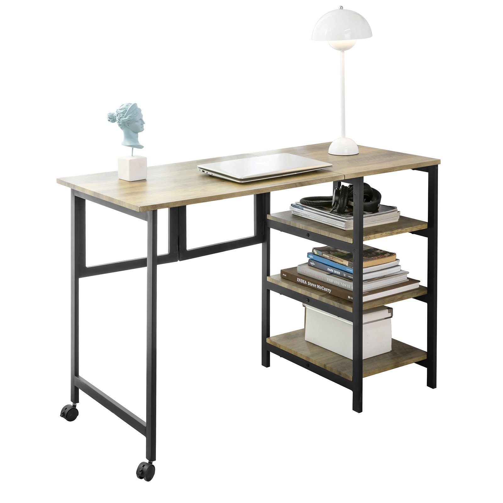 SoBuy Schreibtisch FWT85, mit 3 Ablagen Computertisch mit Rollen Klapptisch  Arbeitstisch Bürotisch für Homeoffice Tisch klappbar Industrie-Design