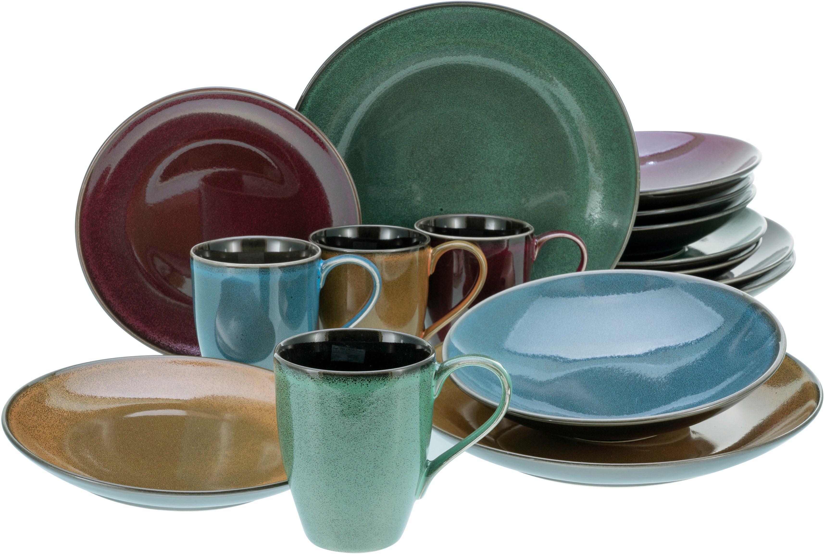 CreaTable Kombiservice Geschirr-Set Marrakesch (16-tlg), 4 Personen, Steinzeug, Service, mit Vintage Aussenrand, 16 Teile, für 4 Personen