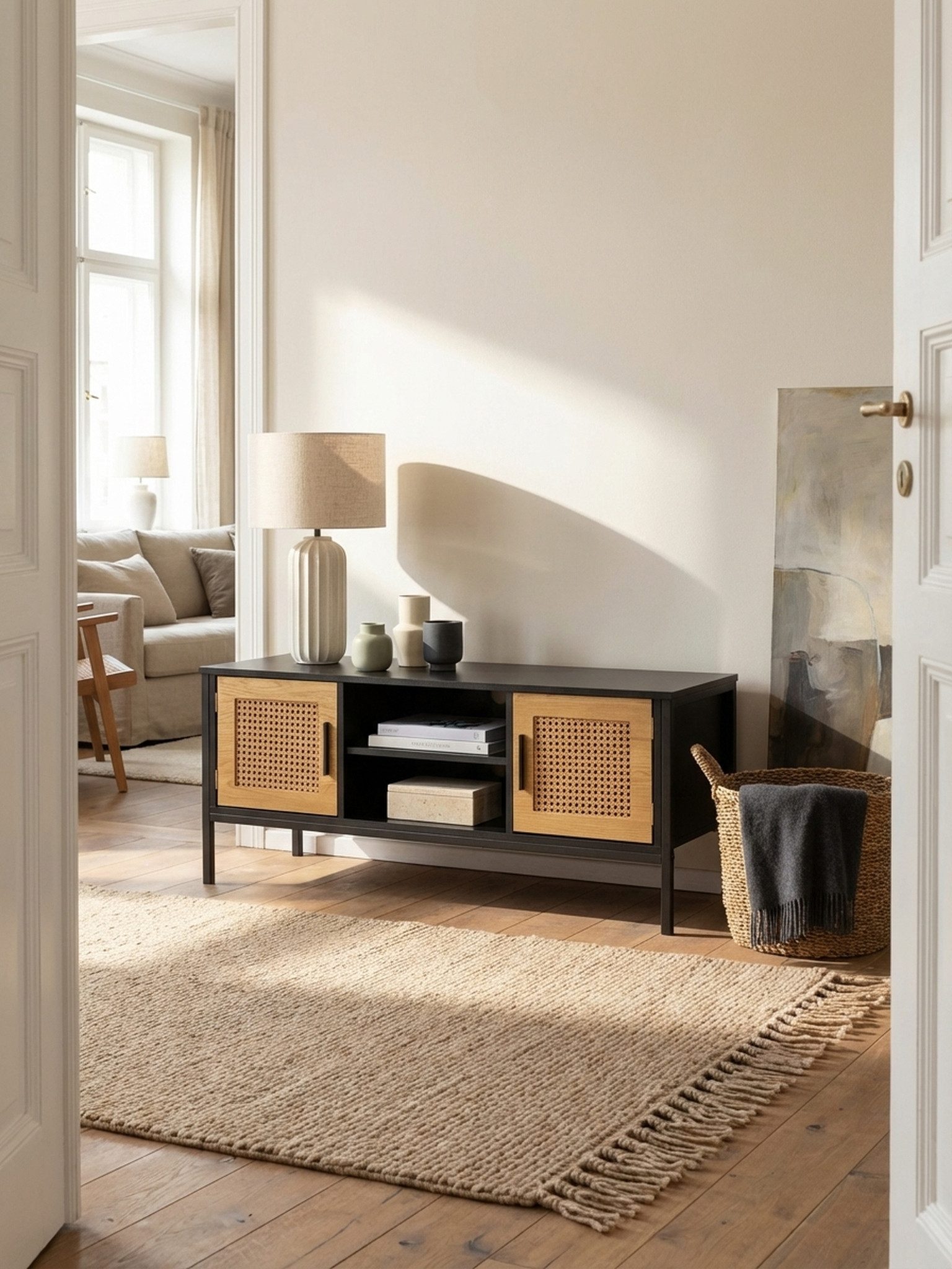 KADIMA DESIGN Lowboard Lowboard Schwarz / Eiche mit Wiener Geflecht 110x48x40 cm TV-Kommode (Türen, Fernsehkommode Wohnzimmer Rattan), Zeitlos, Design TV-Schrank Hoch, Fernsehtisch Fernsehschrank mit