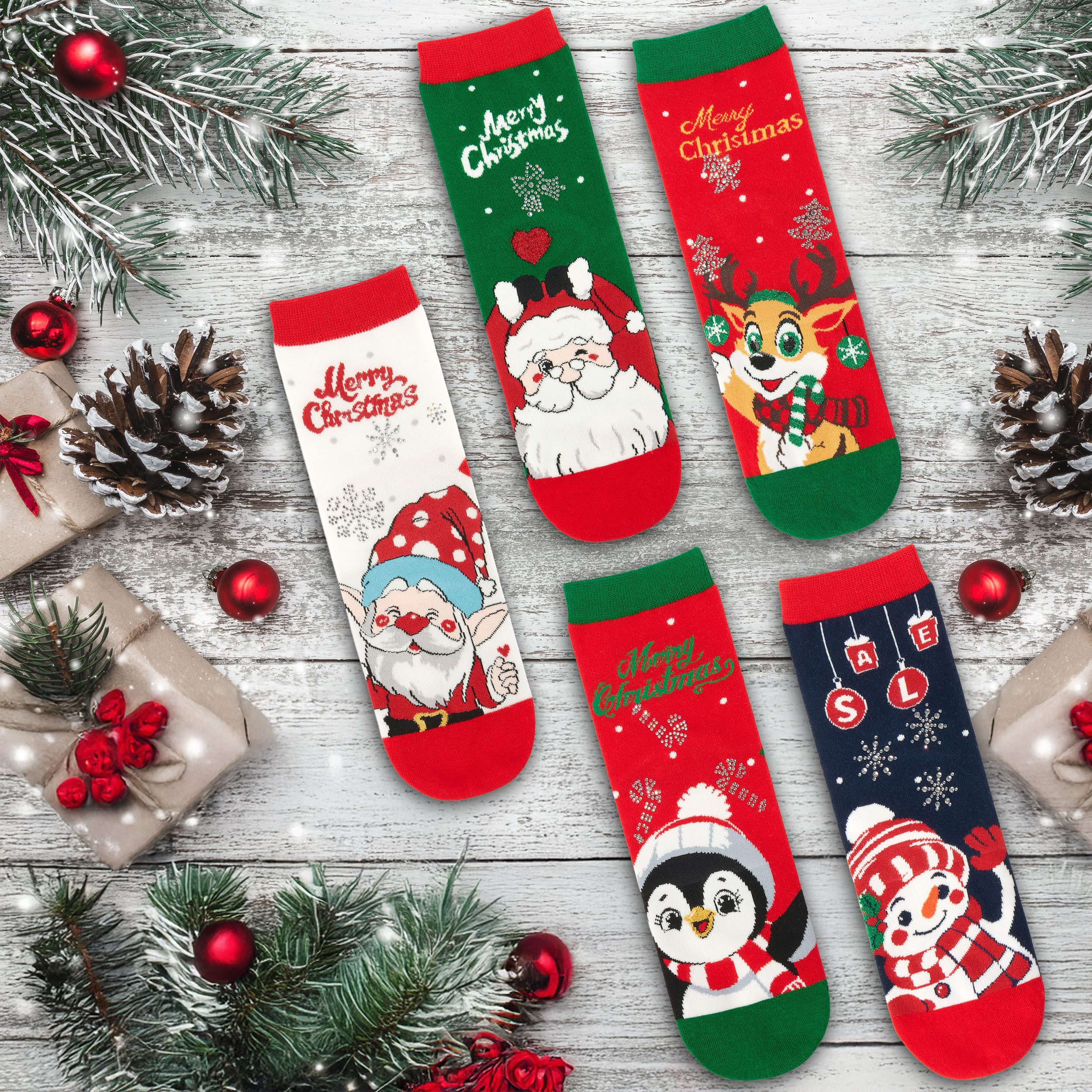 BRUBAKER Socken Damen Weihnachtssocken - Pinguin, Rentier, Santa & Schneemann (Bunte Baumwollsocken für Frauen - Geschenkset, 5-Paar, Kuschelsocken mit humorvollen Sockenmotiven) Lustige Damensocken für Weihnachten & Nikolaus