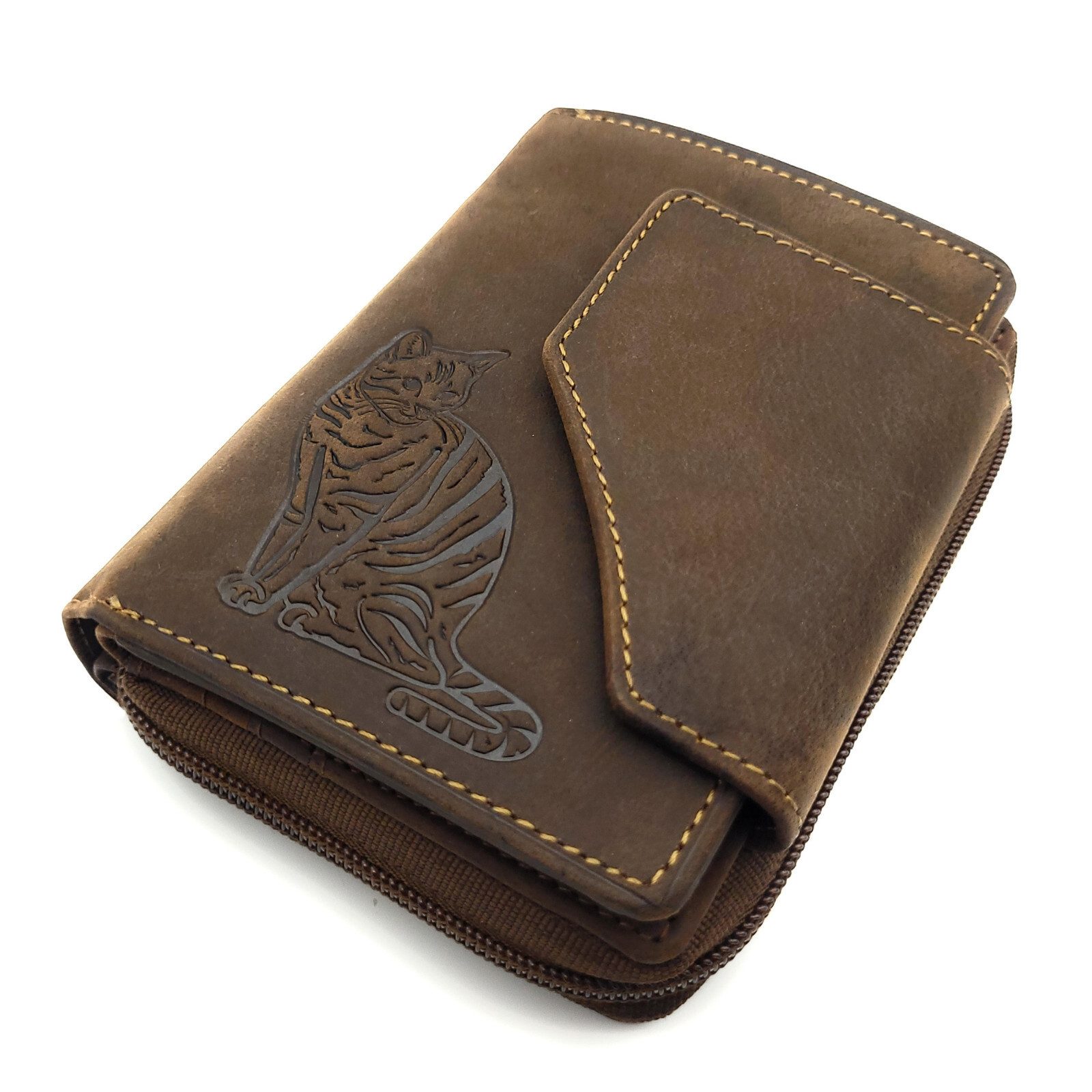 JOCKEY CLUB Geldbörse echt Leder Portemonnaie mit geprägter Katze, 11 Kartenfächer, tolles Katzenmotiv, umfangreiche Ausstattung