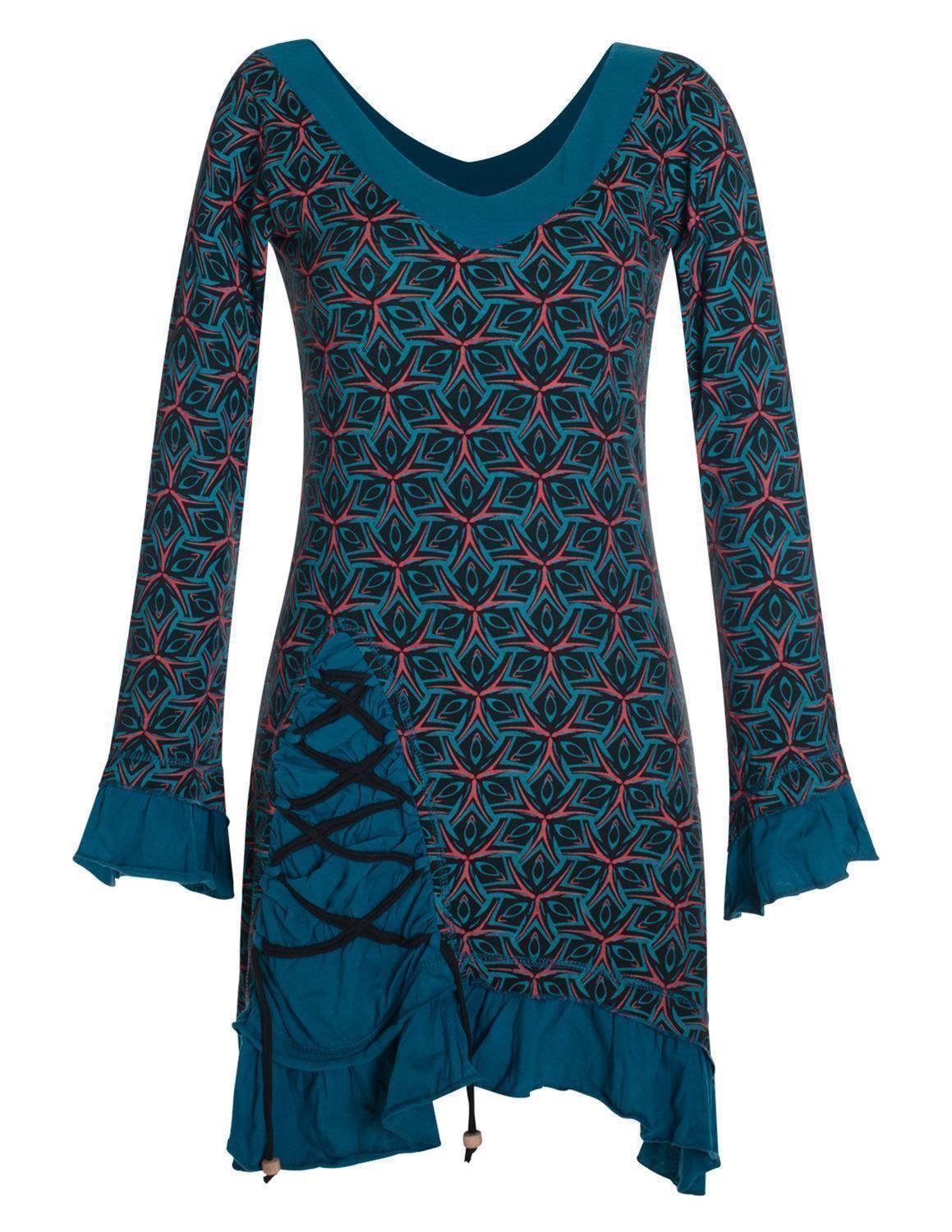 Bedruckt Volant Elfen, schwarz Langarm Zipfelkleid Festkleid Hippie, Rüschen Vishes Asymmetrisch Kleid