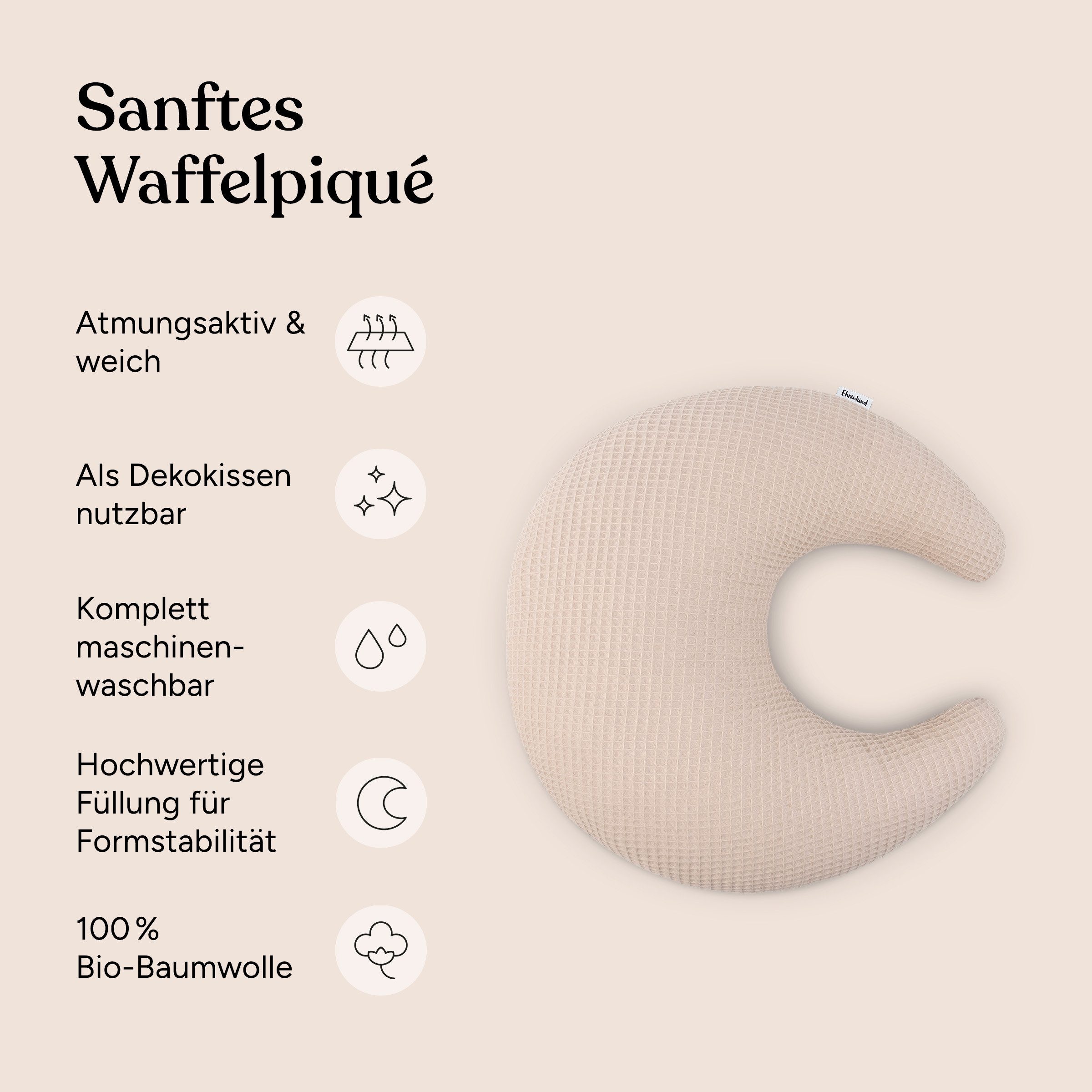 Ehrenkind Dekokissen Kuschelkissen Mond aus Bio-Baumwolle, Waffelpiqué Kissen, natürlich & kuschelig